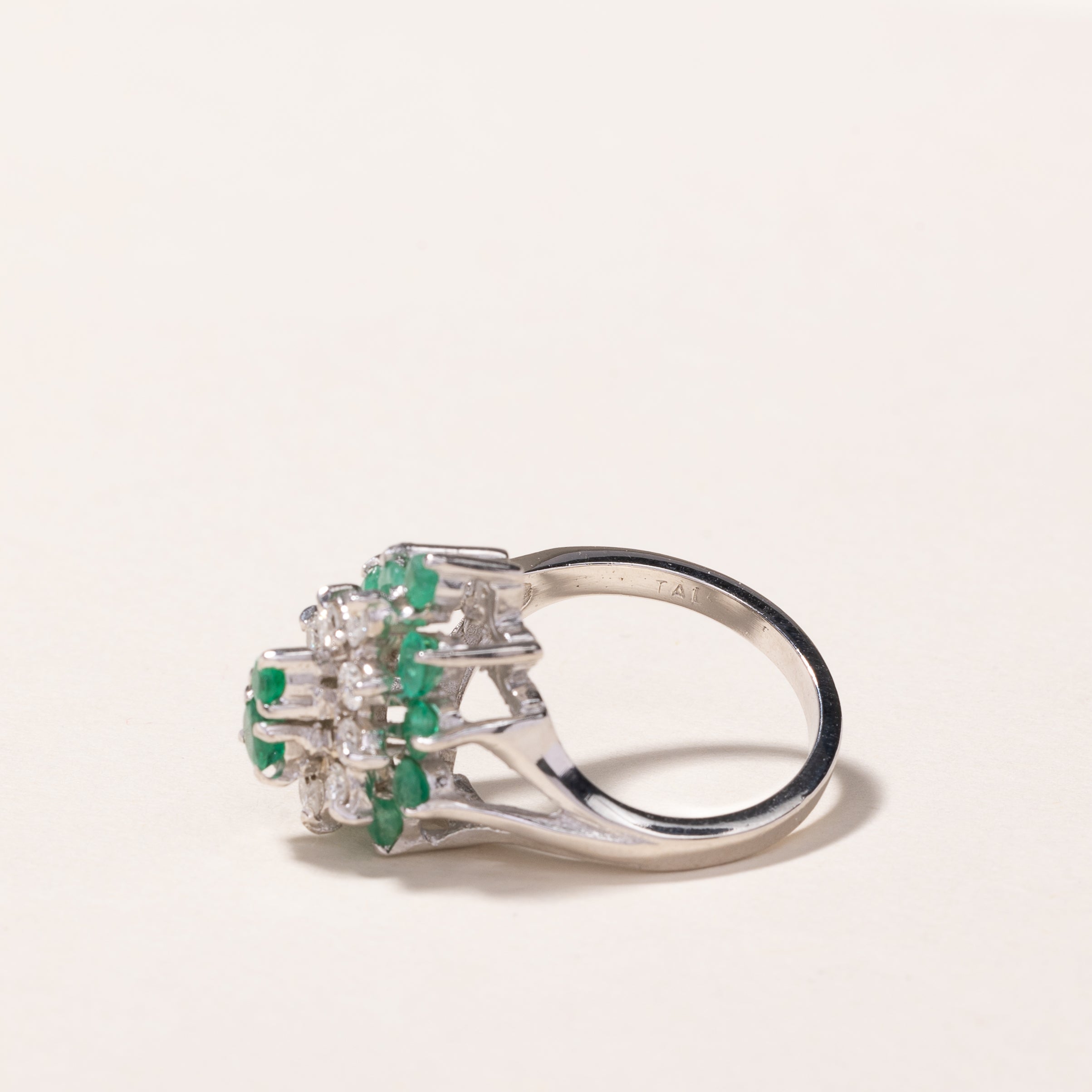 14k White Gold Emerald & Diamond Cluster Ring | 0.49ctw, 0.26ctw | SZ 5.75