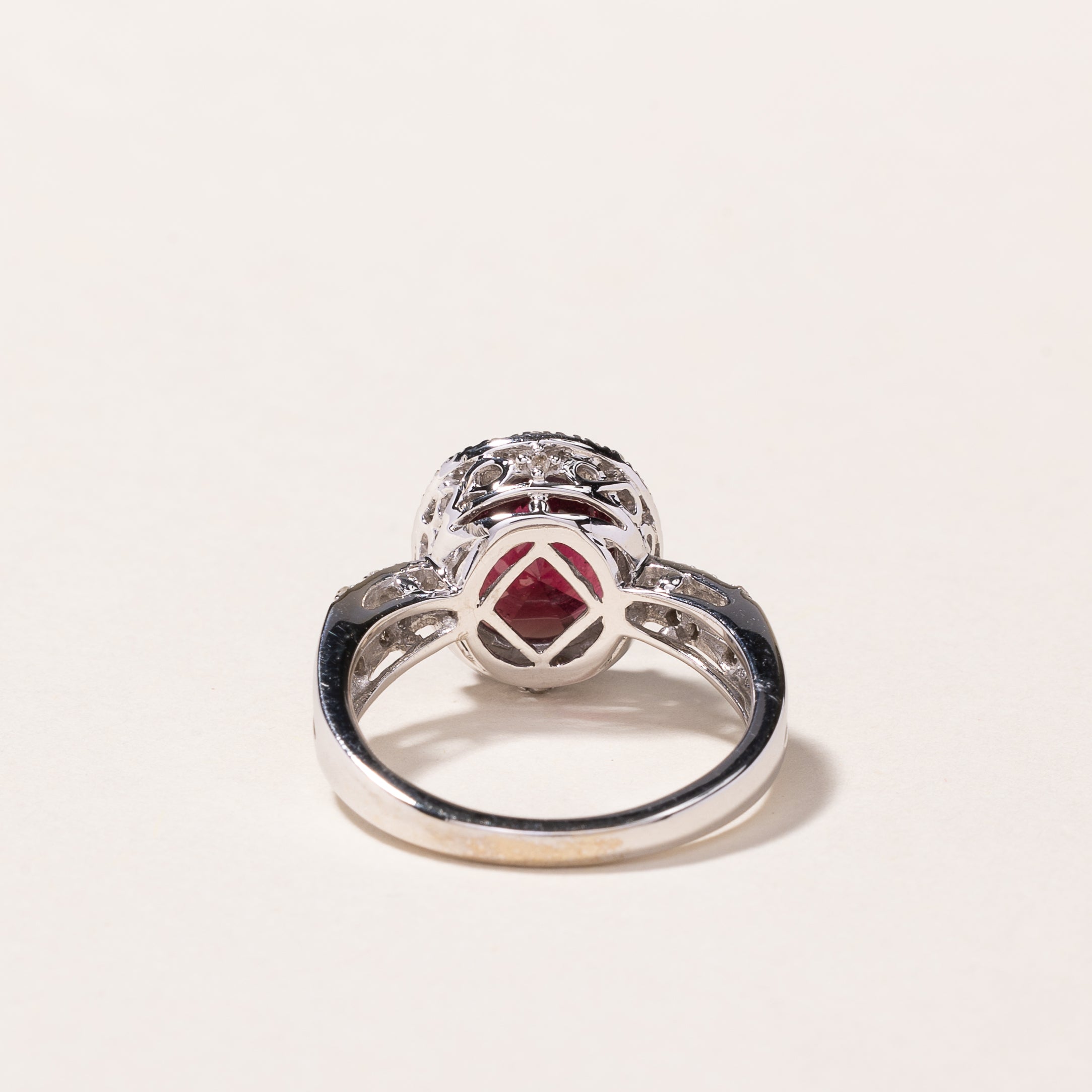 14k White Gold Garnet & Diamond Halo Ring | 3.32ct, 0.26ctw | SZ 7