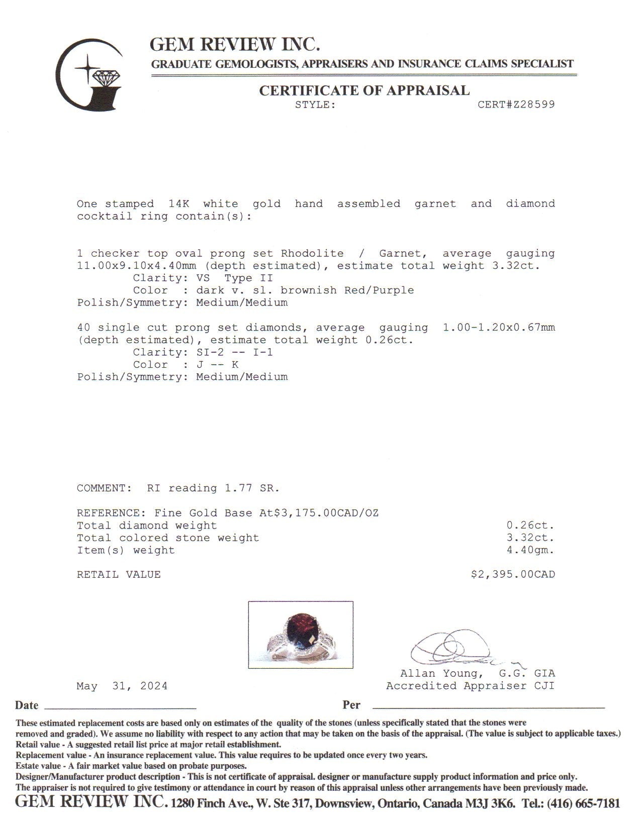 14k White Gold Garnet & Diamond Halo Ring | 3.32ct, 0.26ctw | SZ 7