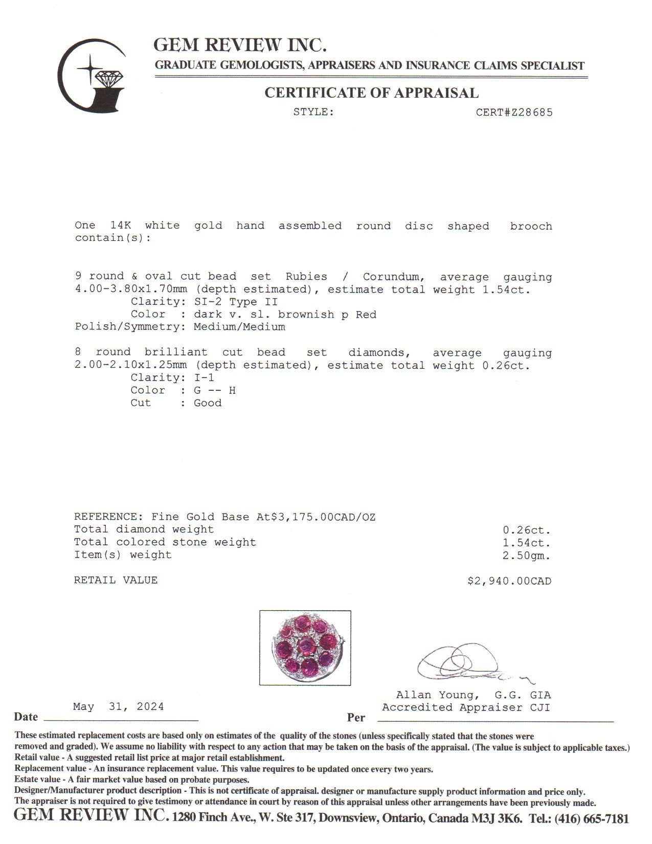 14k White Gold Ruby & Diamond Brooch | 1.54ctw, 0.26ctw