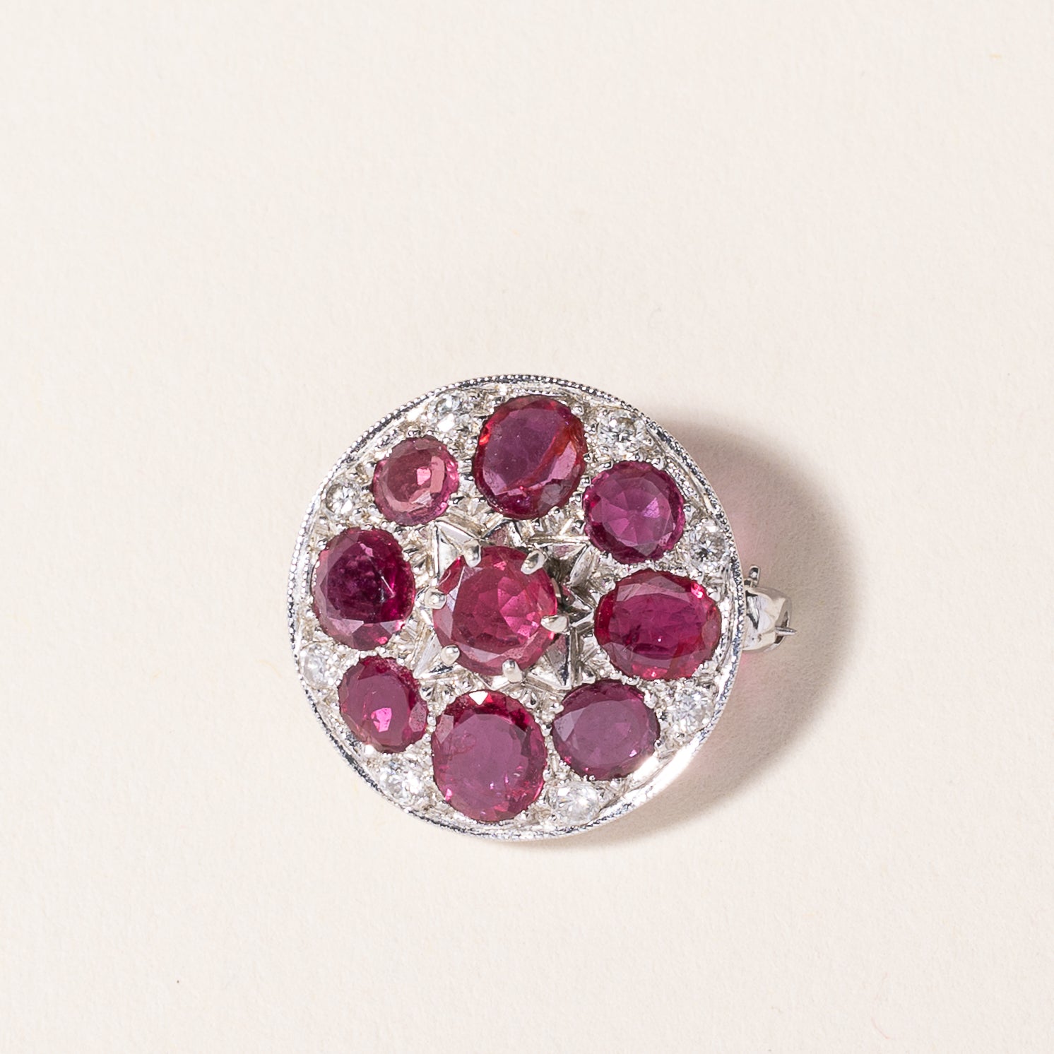 14k White Gold Ruby & Diamond Brooch | 1.54ctw, 0.26ctw