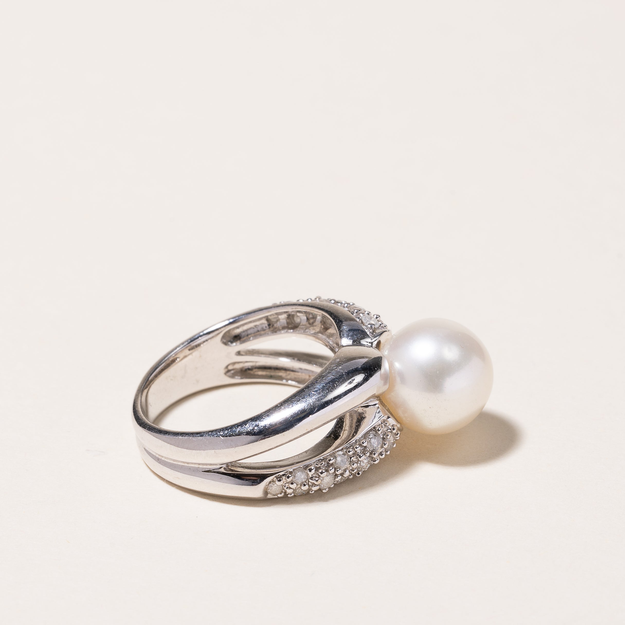 14k White Gold Pearl & Diamond Ring | 9.30-9.50mm, 0.28ctw | SZ 5.75