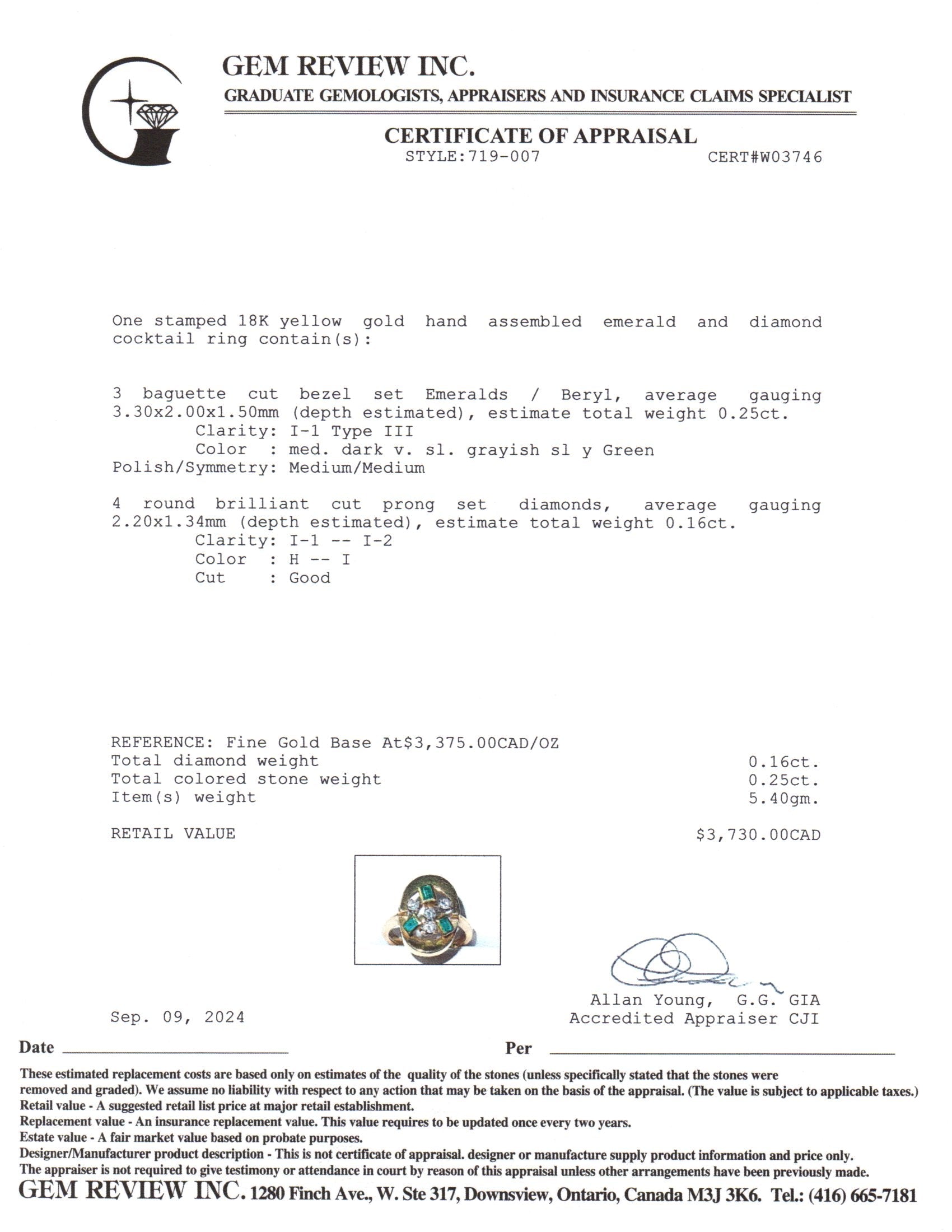18k Yellow Gold Emerald & Diamond Ring | 0.25ctw, 0.16ctw | SZ 5.5