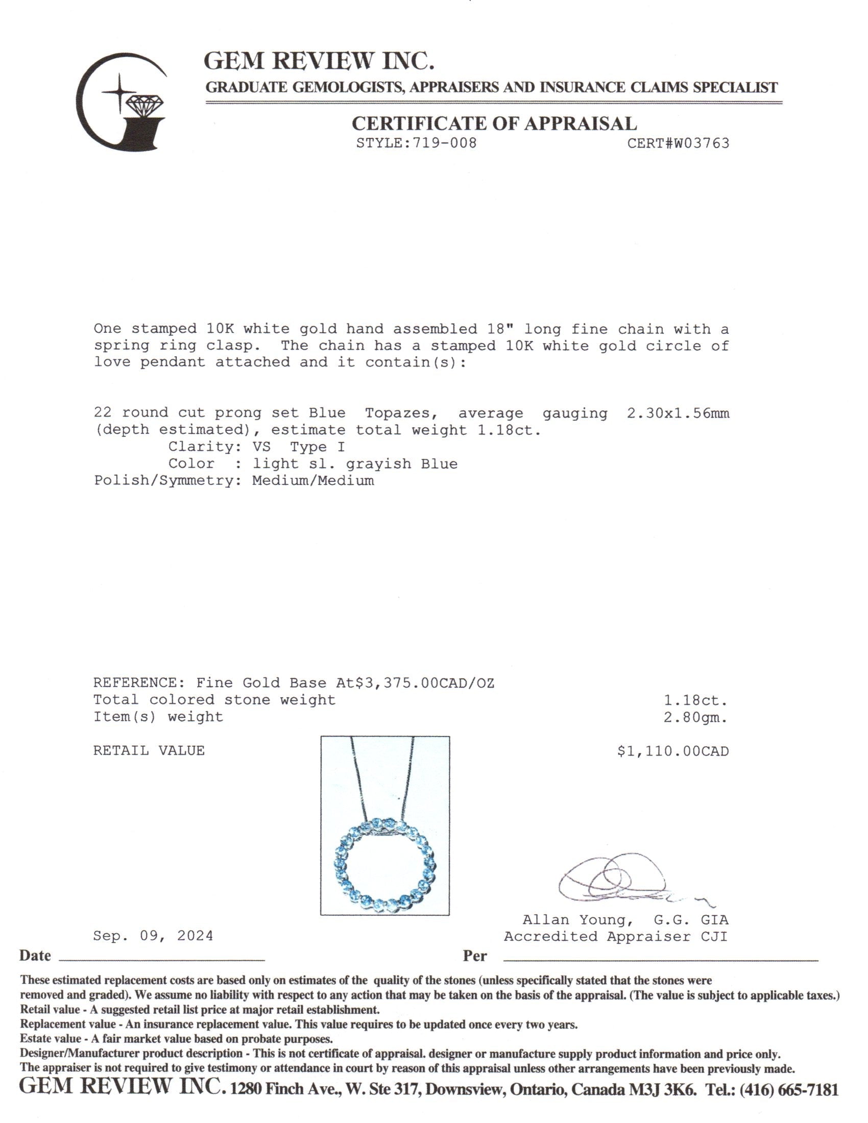 10k White Gold Circle Blue Topaz Pendant Necklace | 1.18ctw | 18"