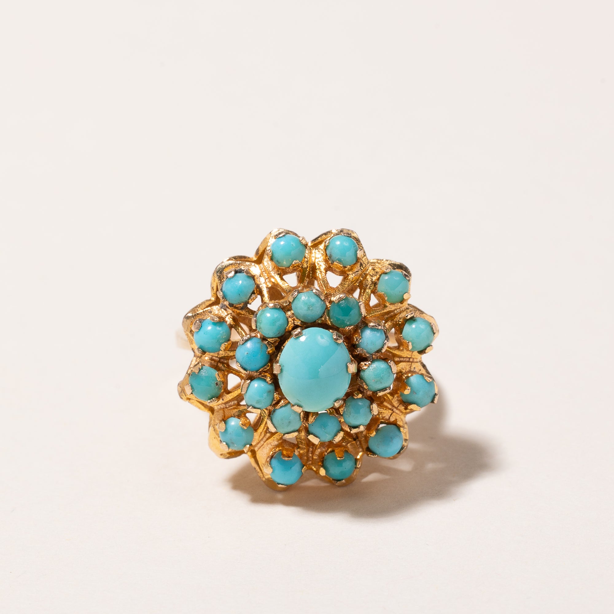 18k Yellow Gold Cluster Blue Turquoise Ring | 1.29ctw | SZ 4.5