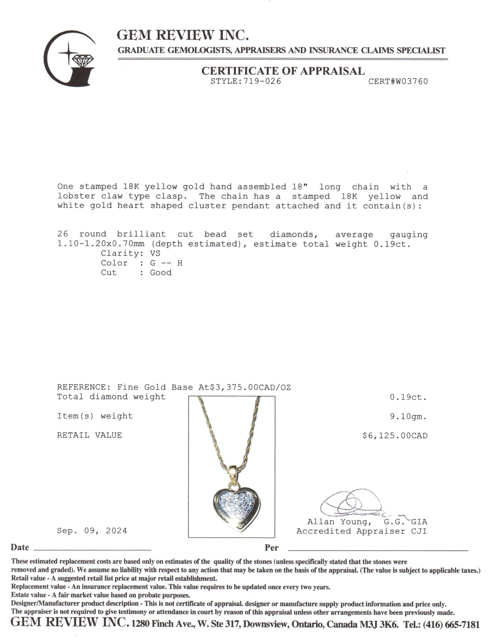 18k Yellow Gold Heart Pendant Necklace | 0.19ctw | 18"