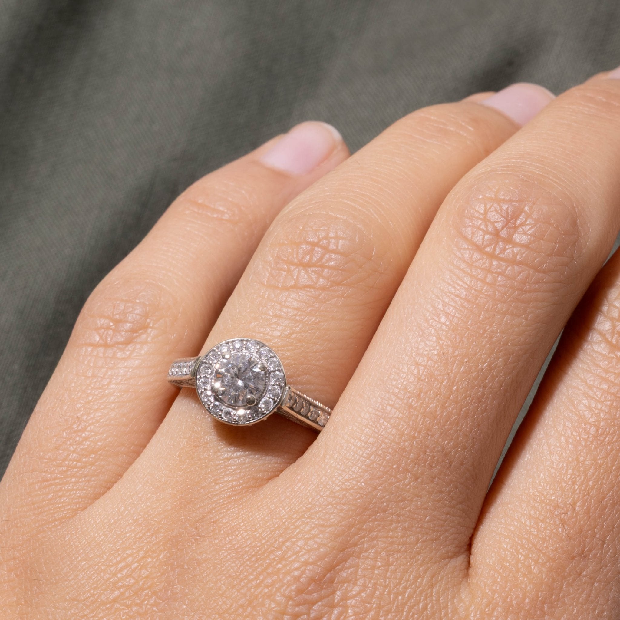 14k Diamond Halo Milgrained Engagement Ring | 1.26ctw | SZ 6.5