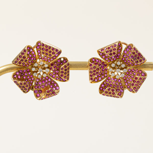 Ruby & Diamond Flower Stud Earrings | 0.34ctw, 0.34ctw |