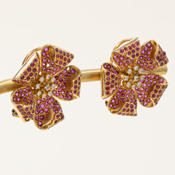 Ruby & Diamond Flower Stud Earrings | 0.34ctw, 0.34ctw |