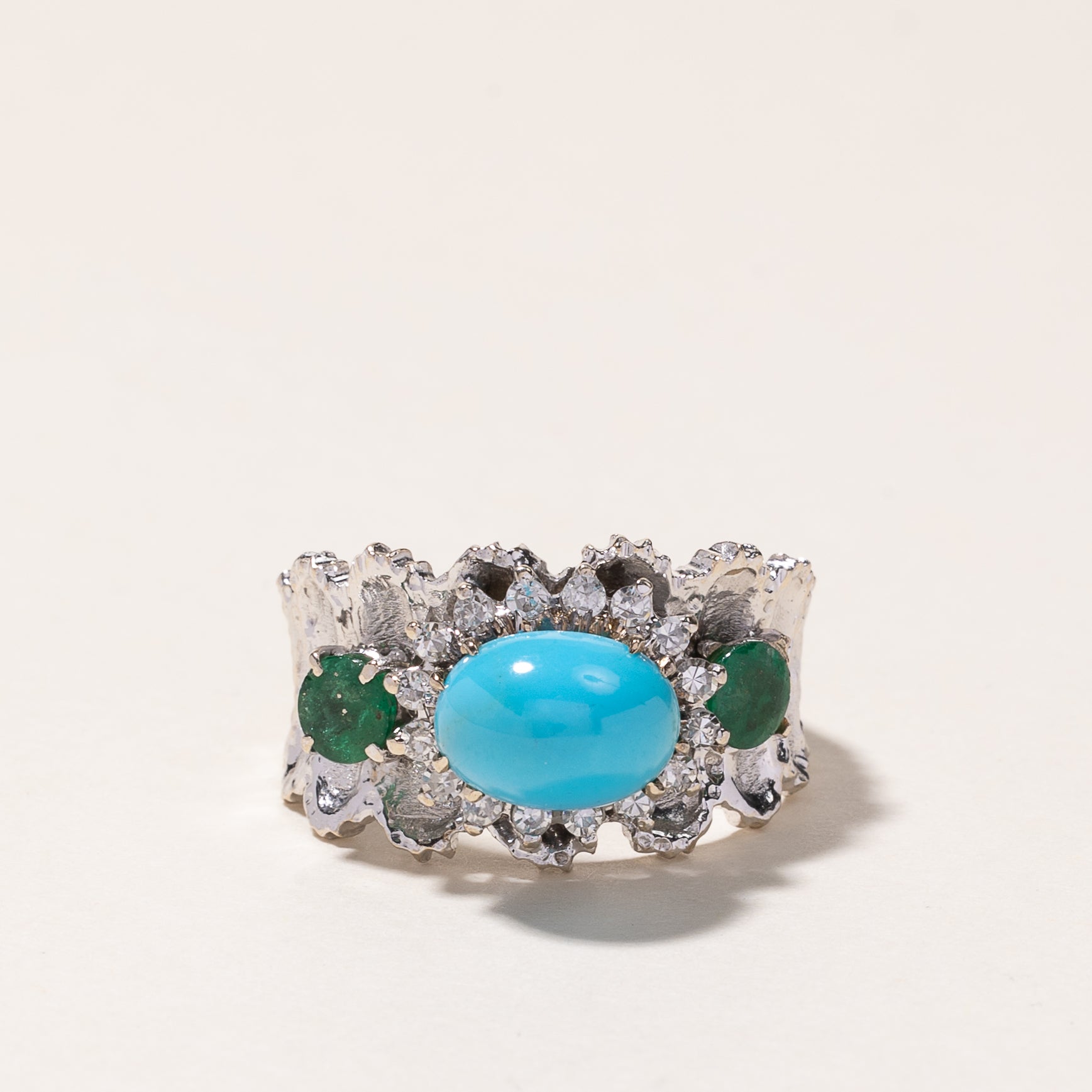 18k White Gold Turquoise, Emerald & Diamond Ring | 3.10ct, 0.47ctw, 0.28ctw | SZ 8.5