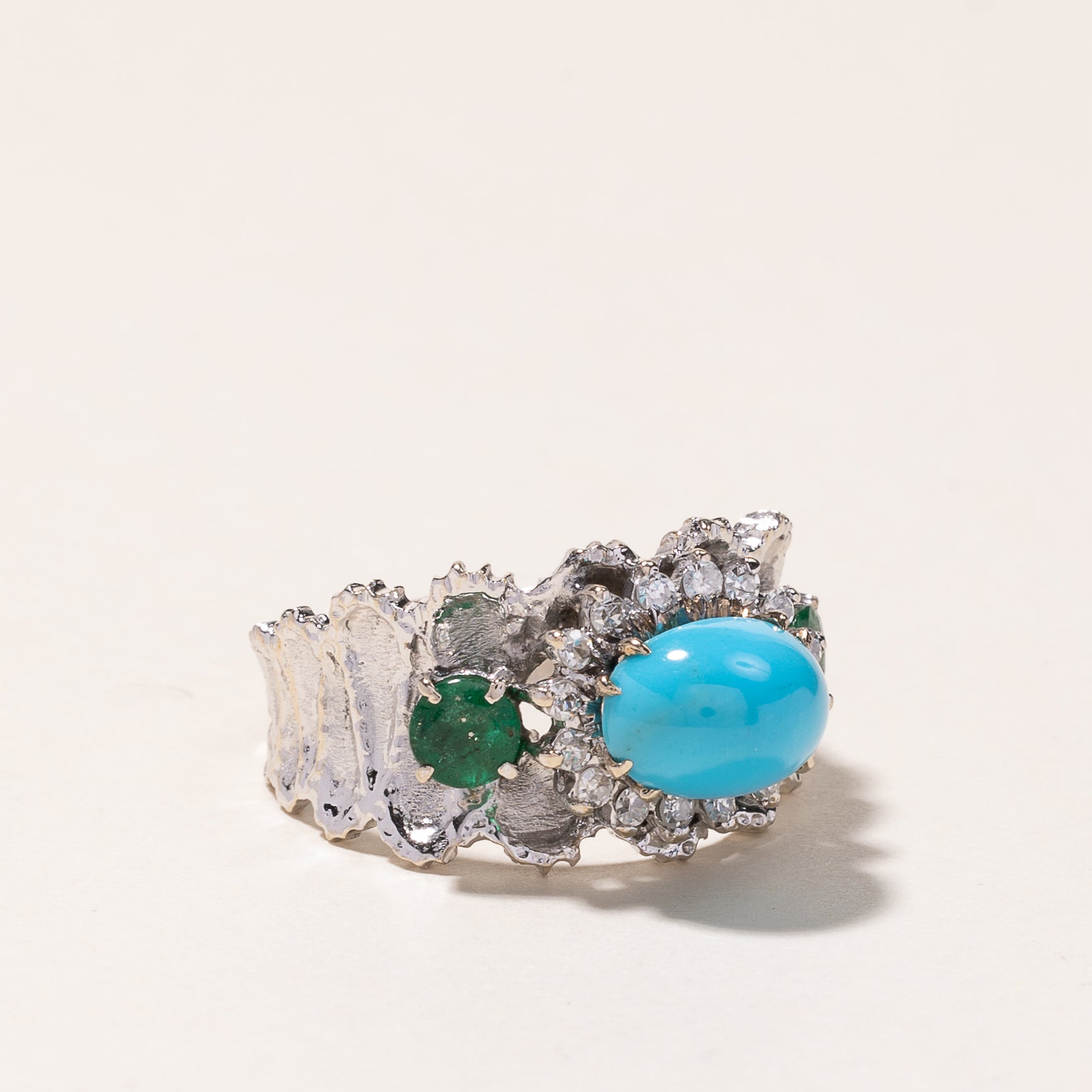 18k White Gold Turquoise, Emerald & Diamond Ring | 3.10ct, 0.47ctw, 0.28ctw | SZ 8.5