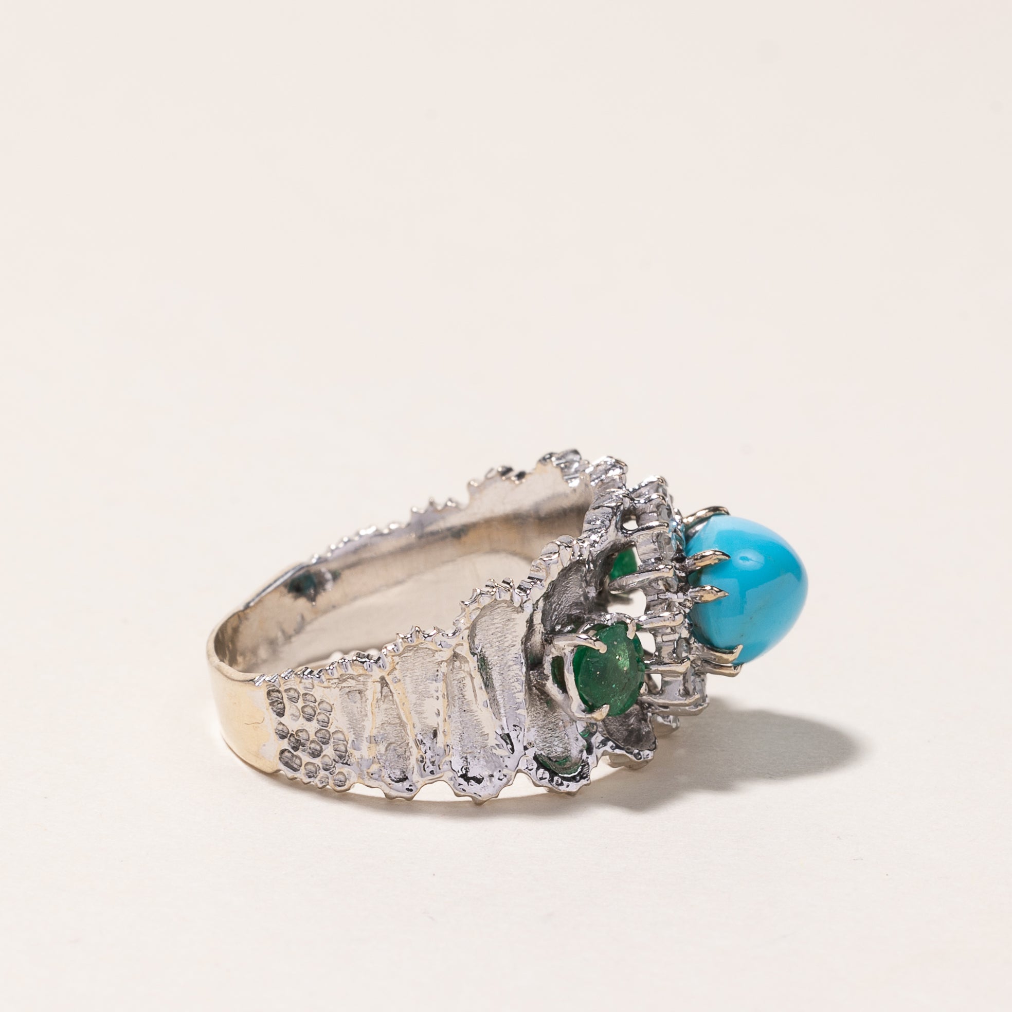 18k White Gold Turquoise, Emerald & Diamond Ring | 3.10ct, 0.47ctw, 0.28ctw | SZ 8.5