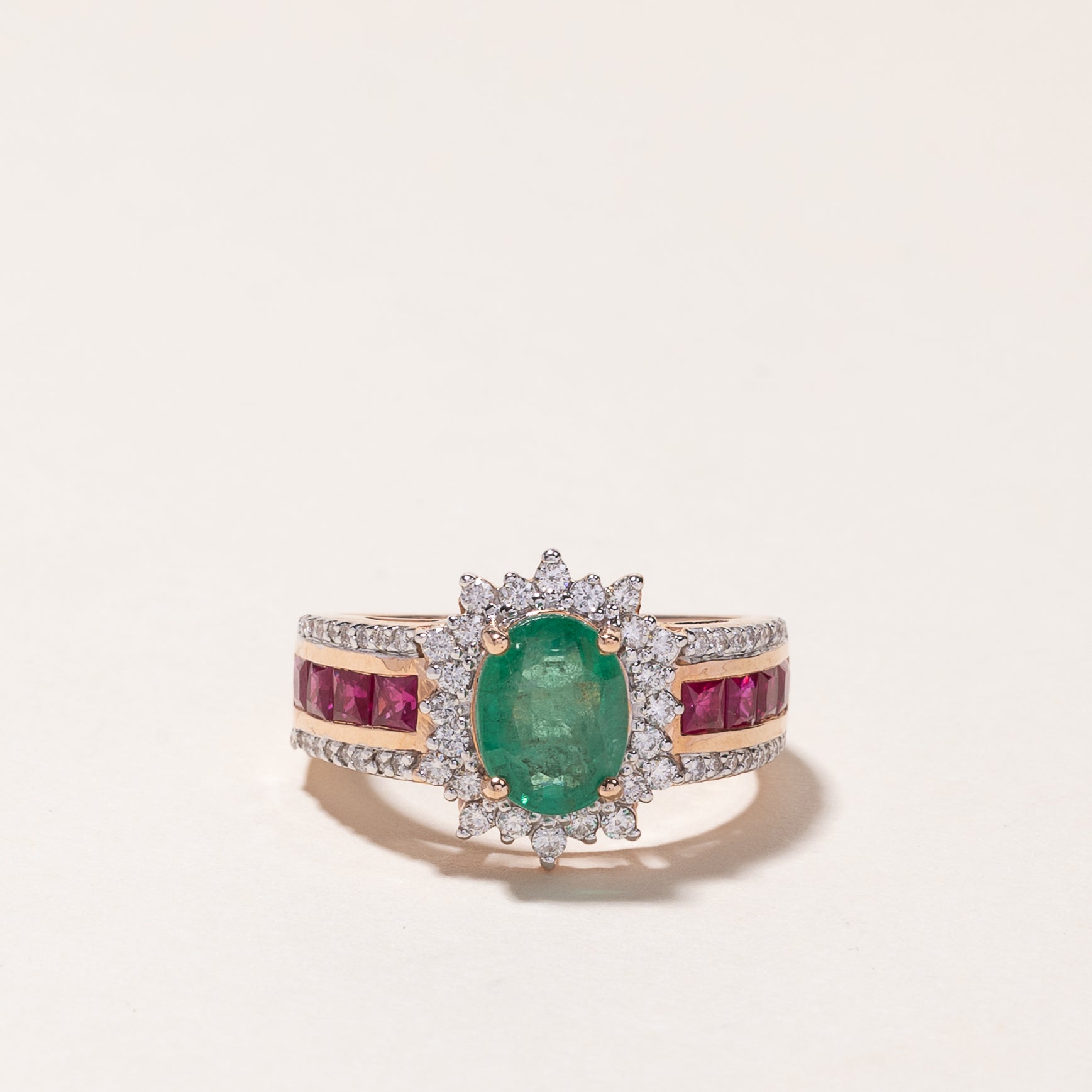 14k Rose Gold Emerald, Ruby & Diamond Ring | 1.33ct, 0.93ctw, 0.51ctw | SZ 8 |