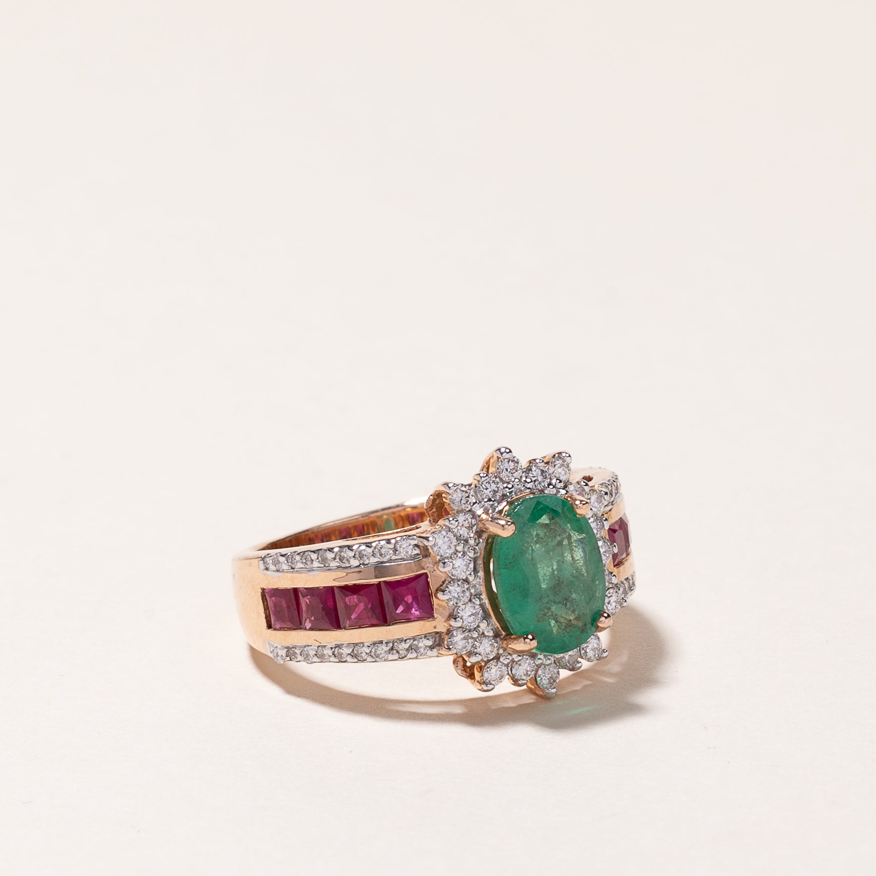 14k Rose Gold Emerald, Ruby & Diamond Ring | 1.33ct, 0.93ctw, 0.51ctw | SZ 8 |