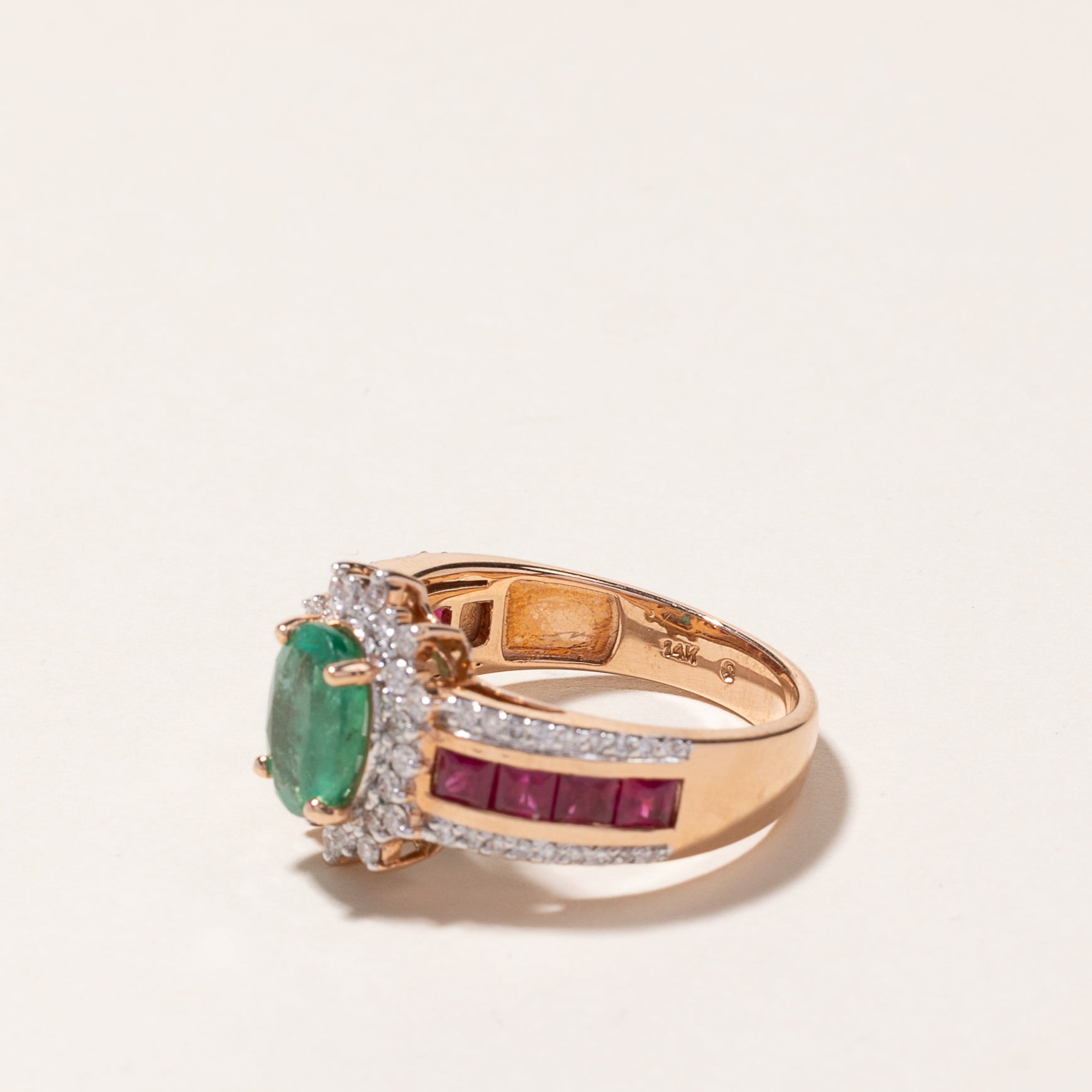 14k Rose Gold Emerald, Ruby & Diamond Ring | 1.33ct, 0.93ctw, 0.51ctw | SZ 8 |