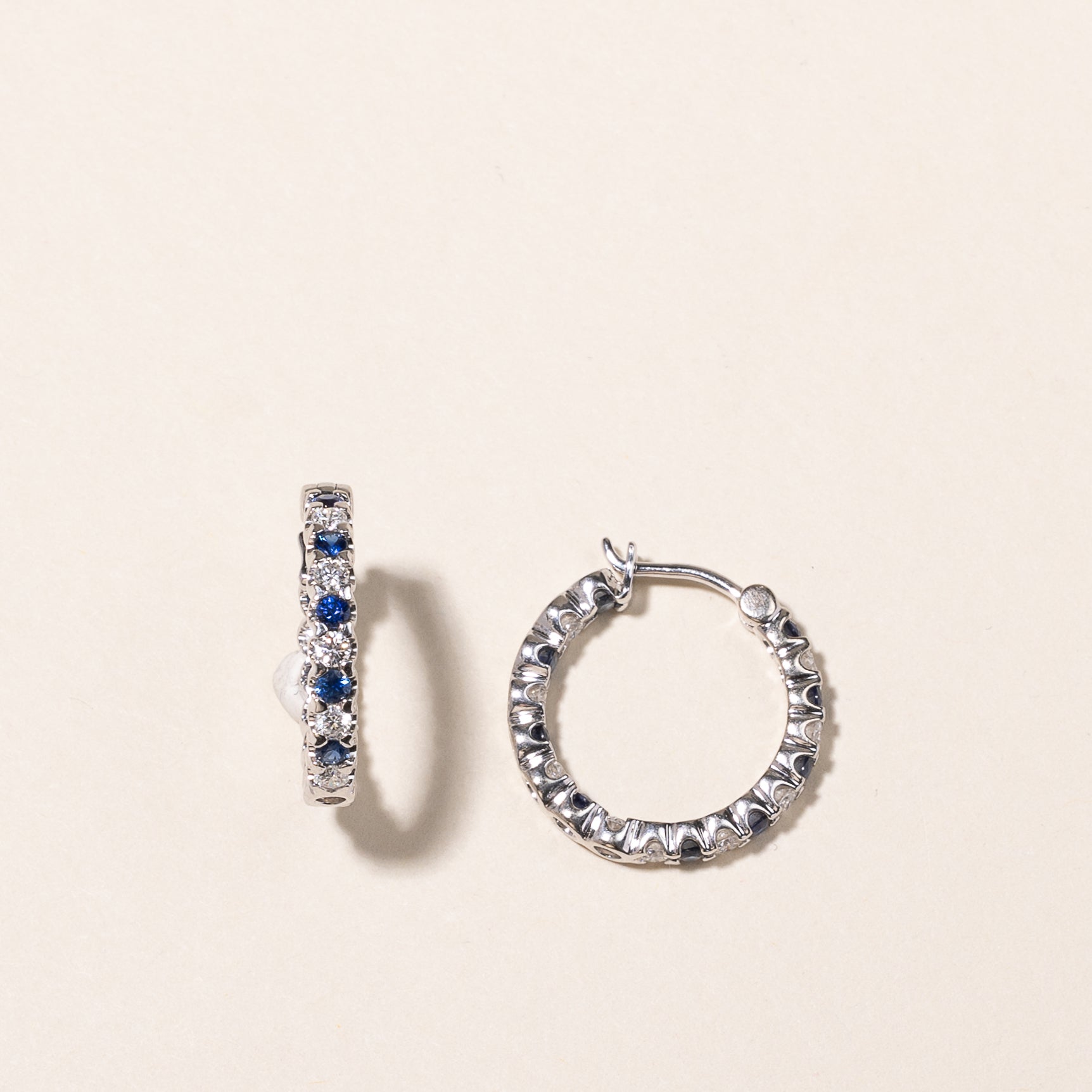 14k White Gold Sapphire & Diamond Hoop Earrings | 0.96ctw, 0.82ctw