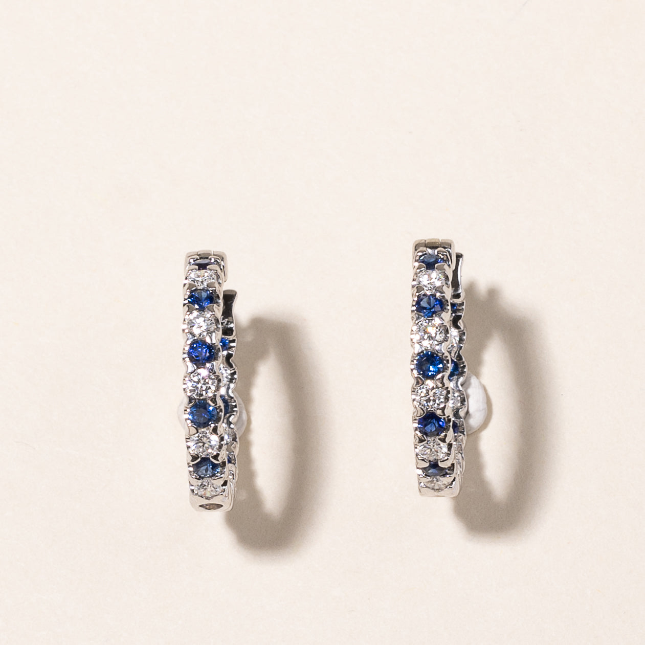 1.61 Ctw Round Cut Blue good Sapphire & Diamond Hoop And Huggie Earrings 14K White Gold Over