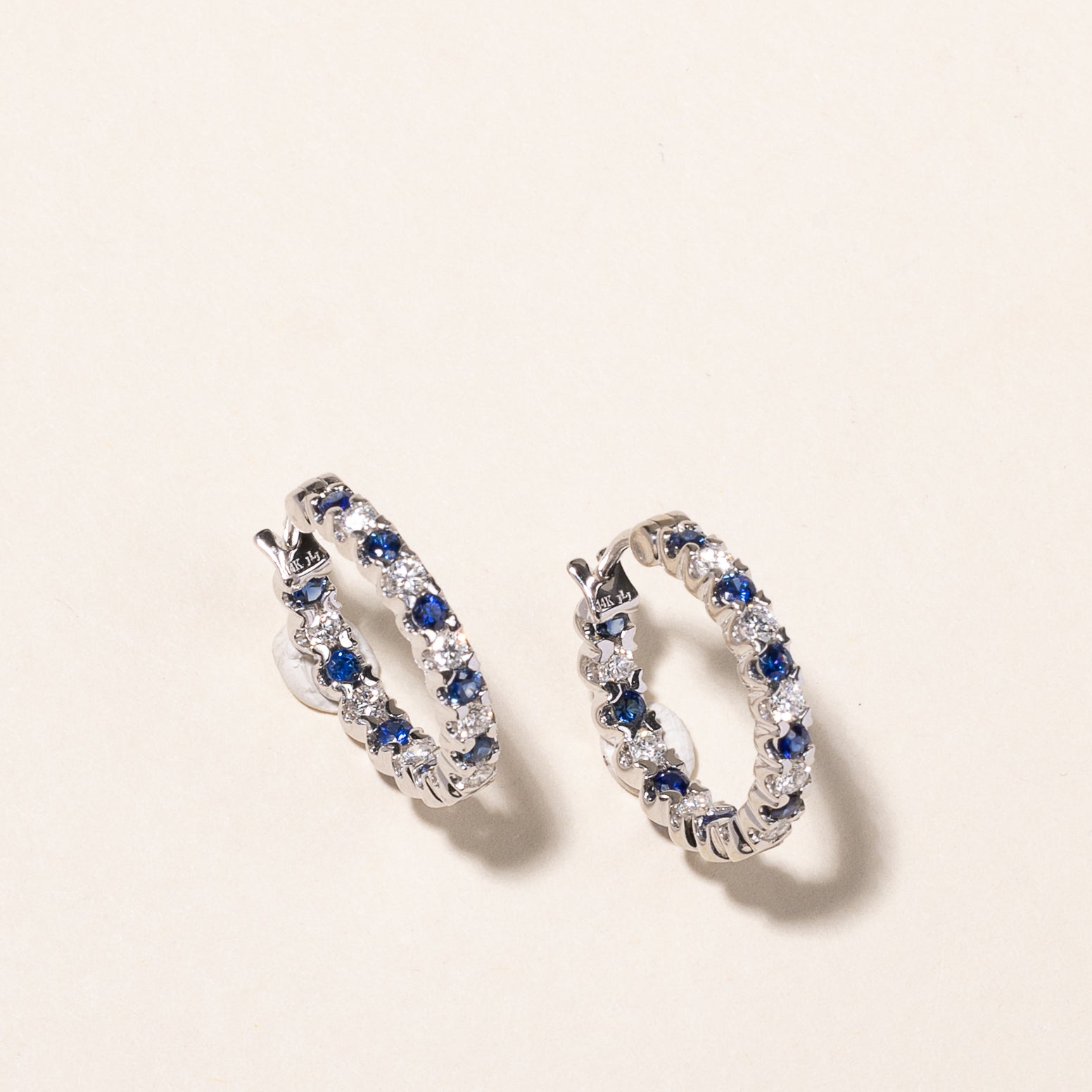 14k White Gold Sapphire & Diamond Hoop Earrings | 0.96ctw, 0.82ctw