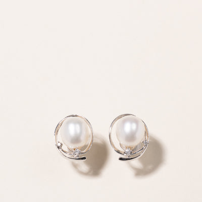 Mikimoto' 18k White Gold Pearl & Diamond Earrings | 10.70-9.50mm, 0.06ctw