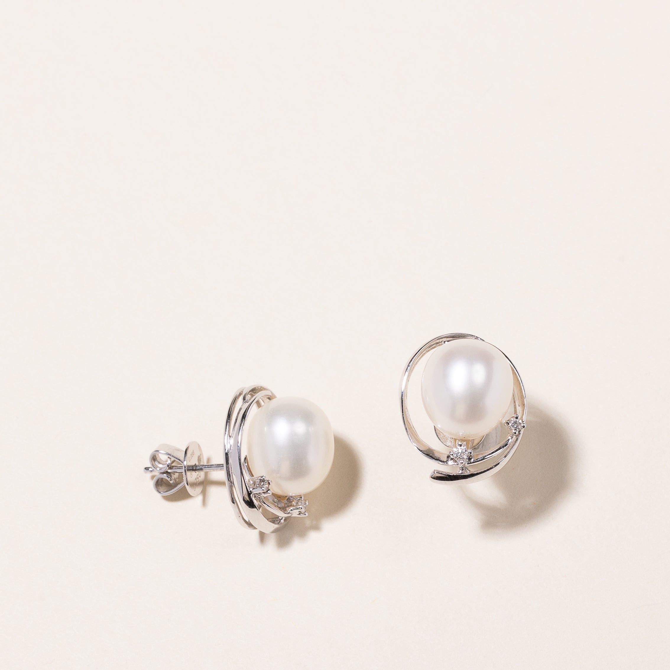 Mikimoto' 18k White Gold Pearl & Diamond Earrings | 10.70-9.50mm, 0.06ctw