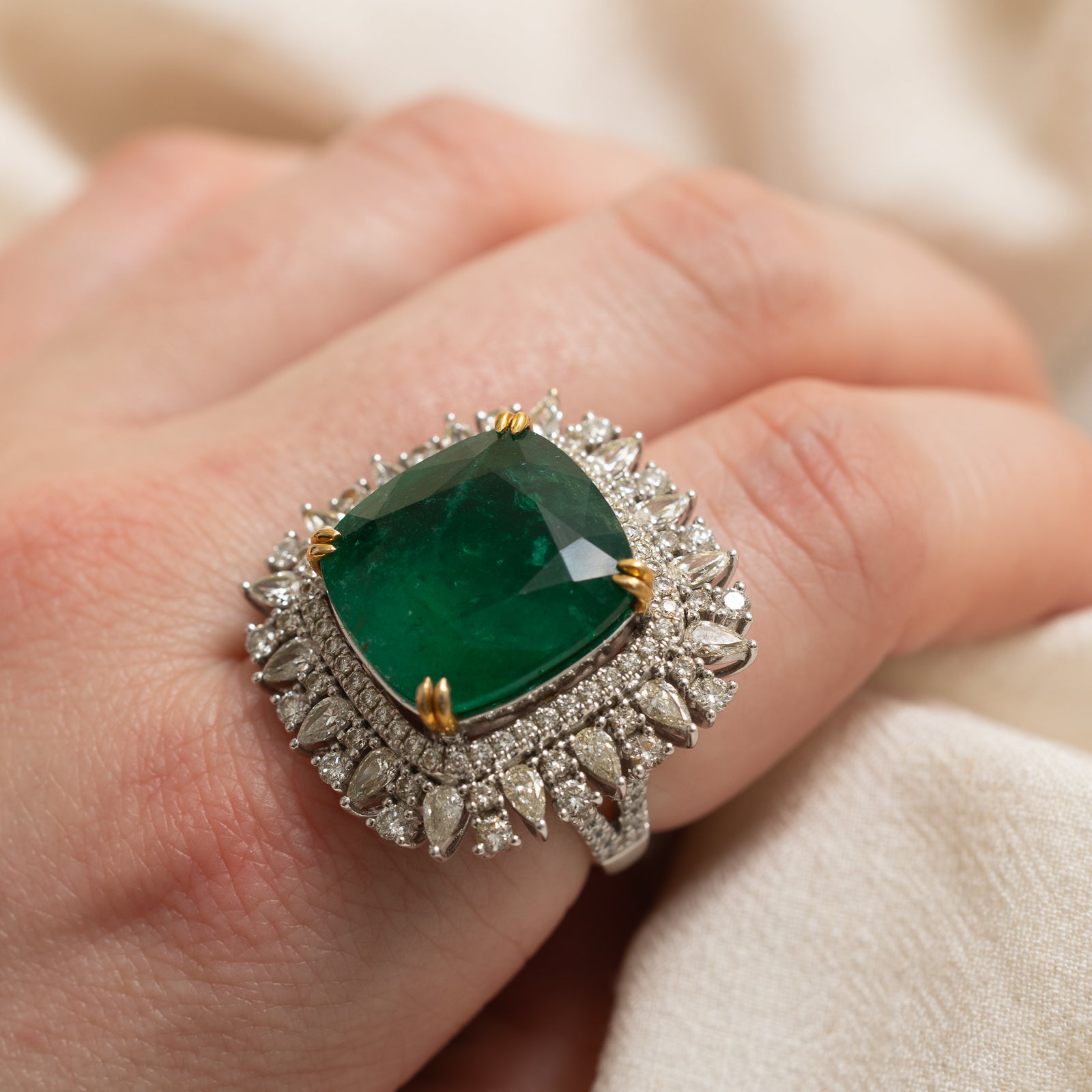 17ct+ Natural Emerald & 1.87ctw Diamond Cocktail Ring | 17.37ct, 1.87ctw | SZ 7.25