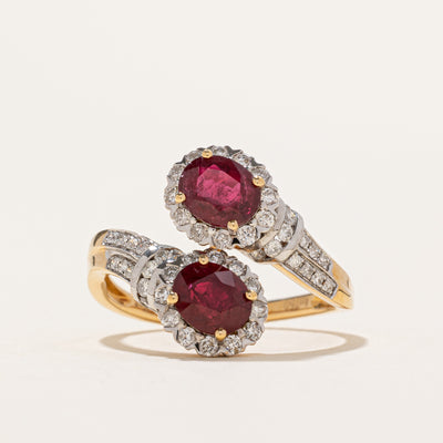 18k Toi et Moi Vivid Red Ruby & Diamond Bypass Ring | 1.80ctw, 0.66ctw | SZ 6.5