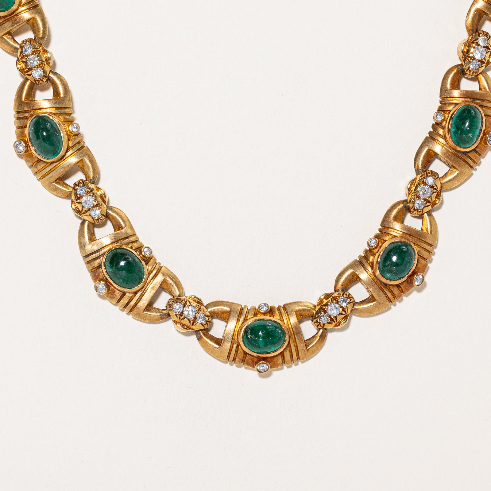 18k Vintage Retro Emerald & Diamond Heavy Solid Necklace | 13.78ctw, 1.76ctw | 16"