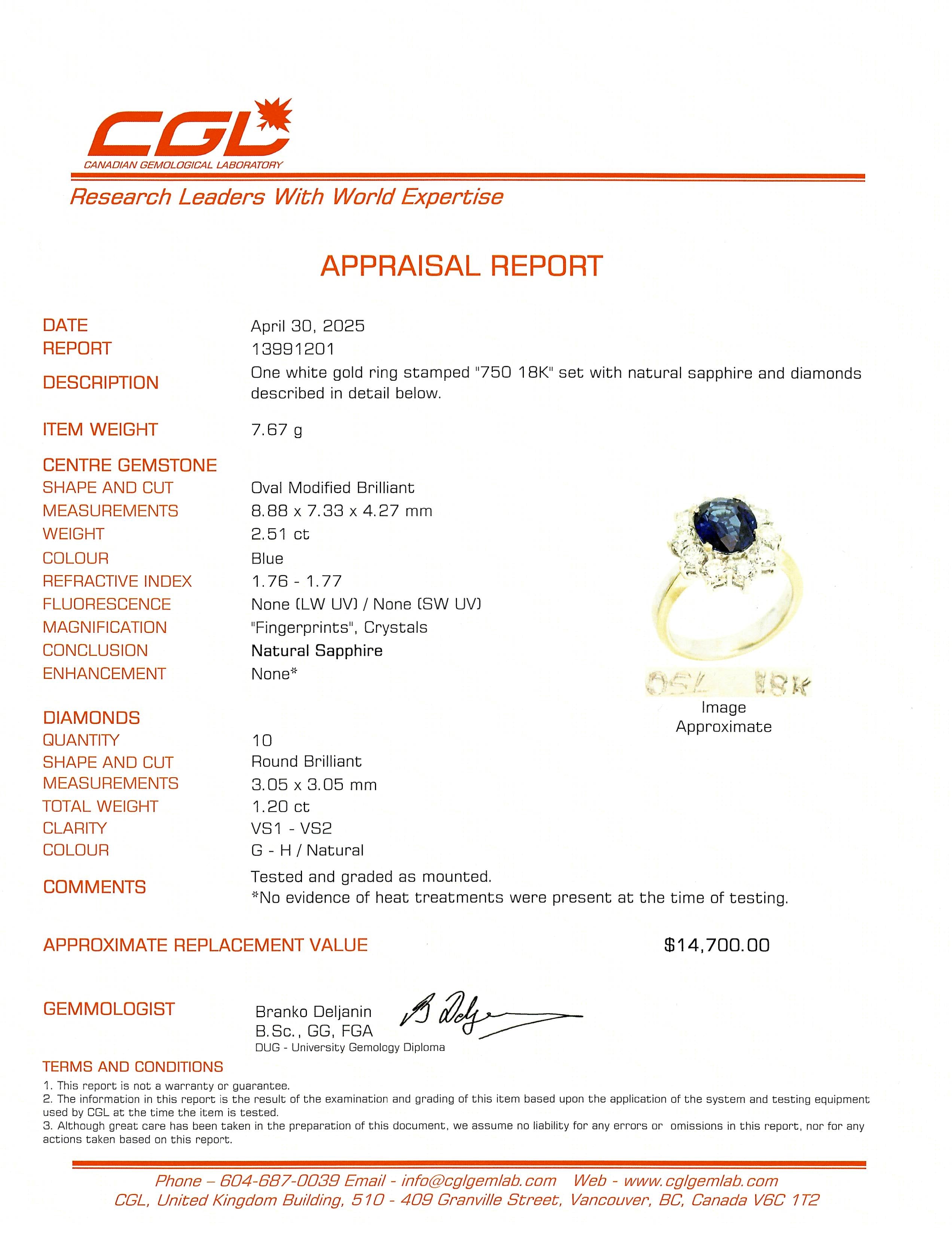 2.51ct Unheated Sapphire & Diamond Ring | 2.51ct | 1.20ctw | SZ 5.25