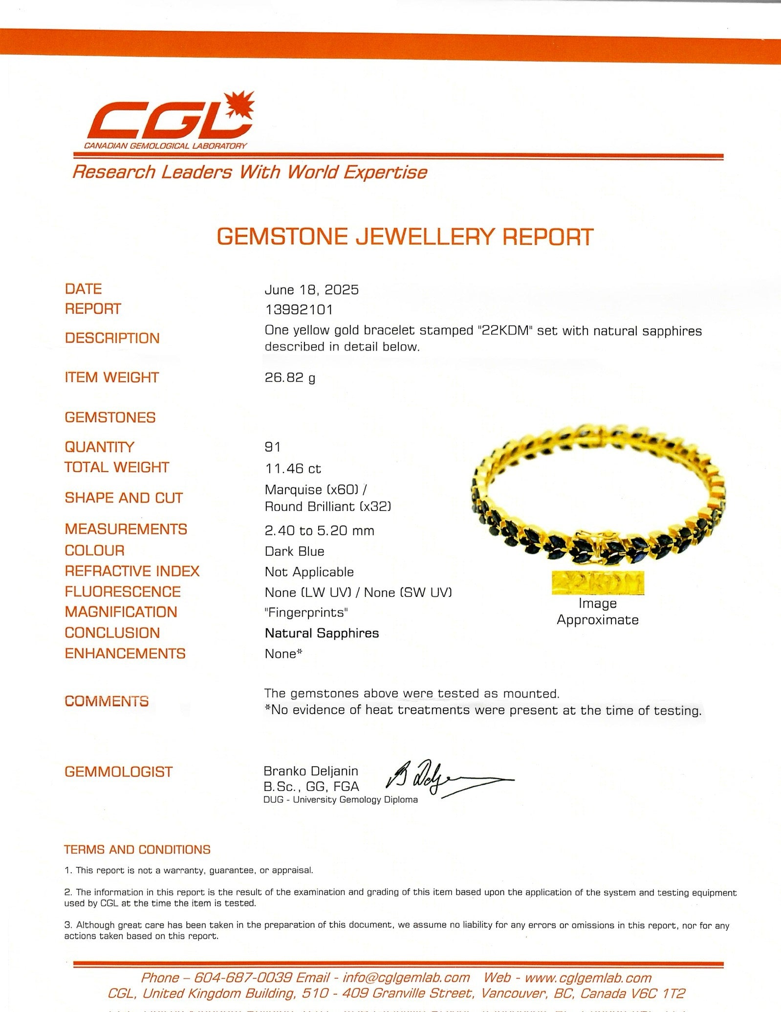 Bracelet en saphir non chauffé 22 carats | 11,46 ct