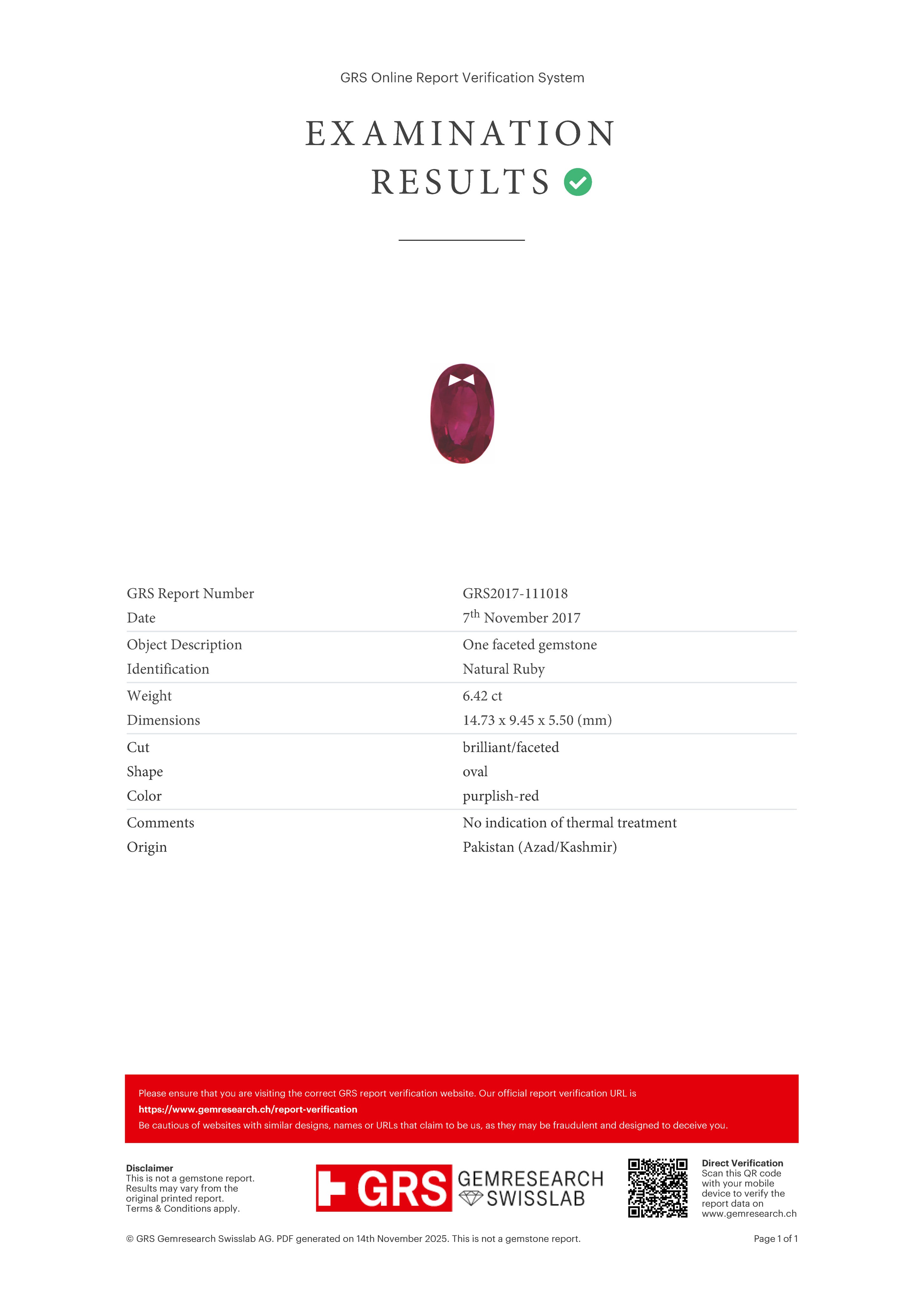 6.42ct GRS Unheated Kashmir Purplish-Red Ruby & Diamond Ring | GRS 6.42ct | 1.30ctw | SZ 6.75