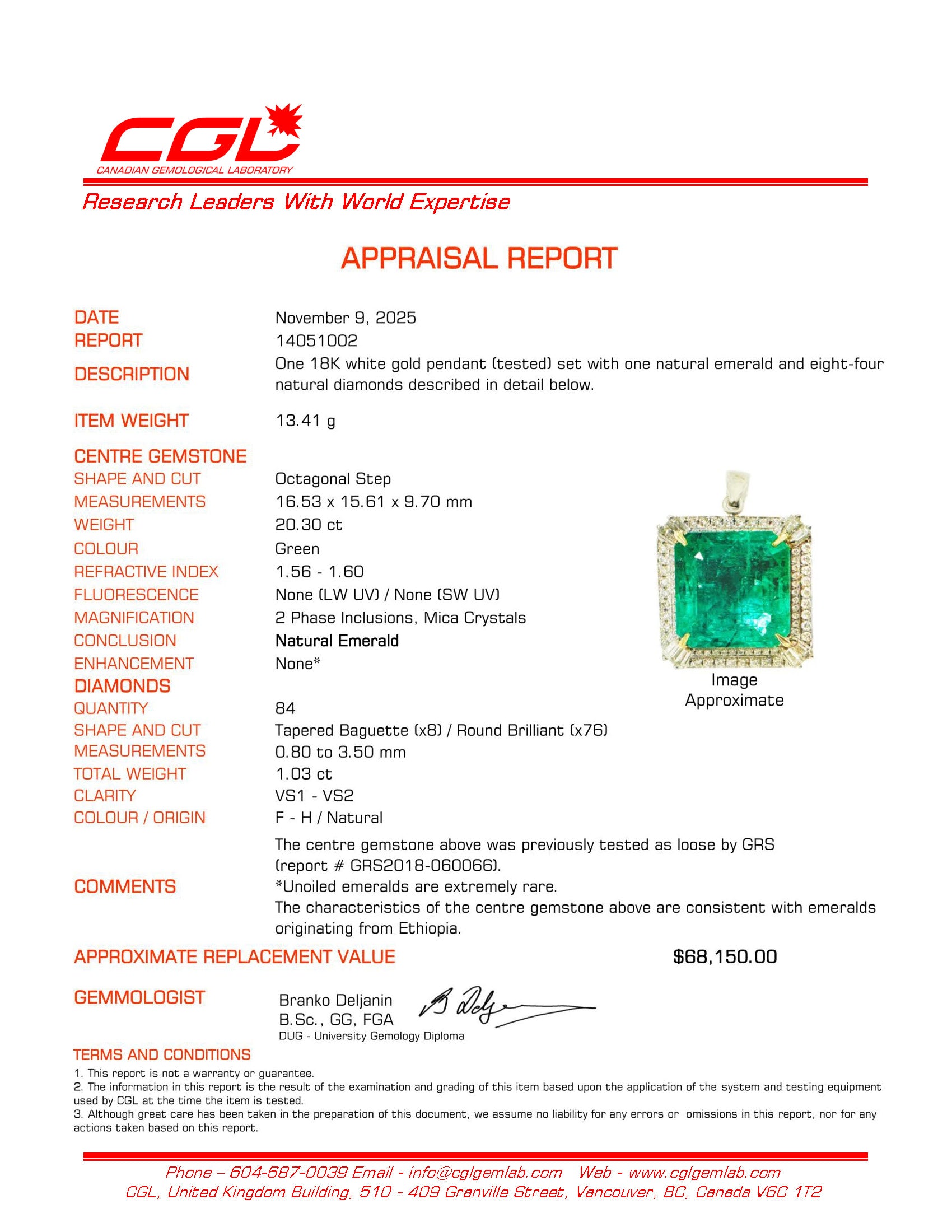 20.30ct GRS No Oil Emerald & Diamond Halo Pendant | GRS 20.30ct | 1.03ctw