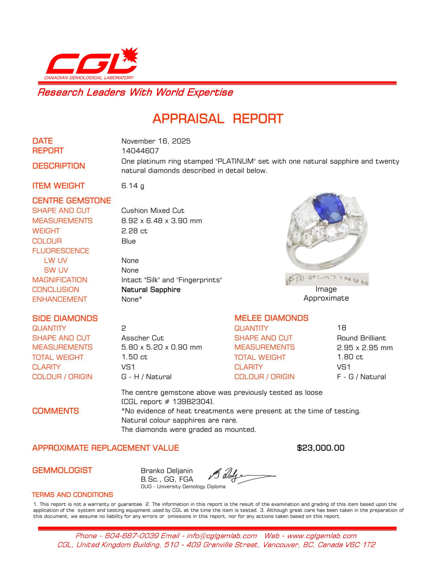 Late Art Deco Unheated Sapphire & Diamond Ring | 2.28ct | 1.50ctw | 1.63ct | SZ 5.5