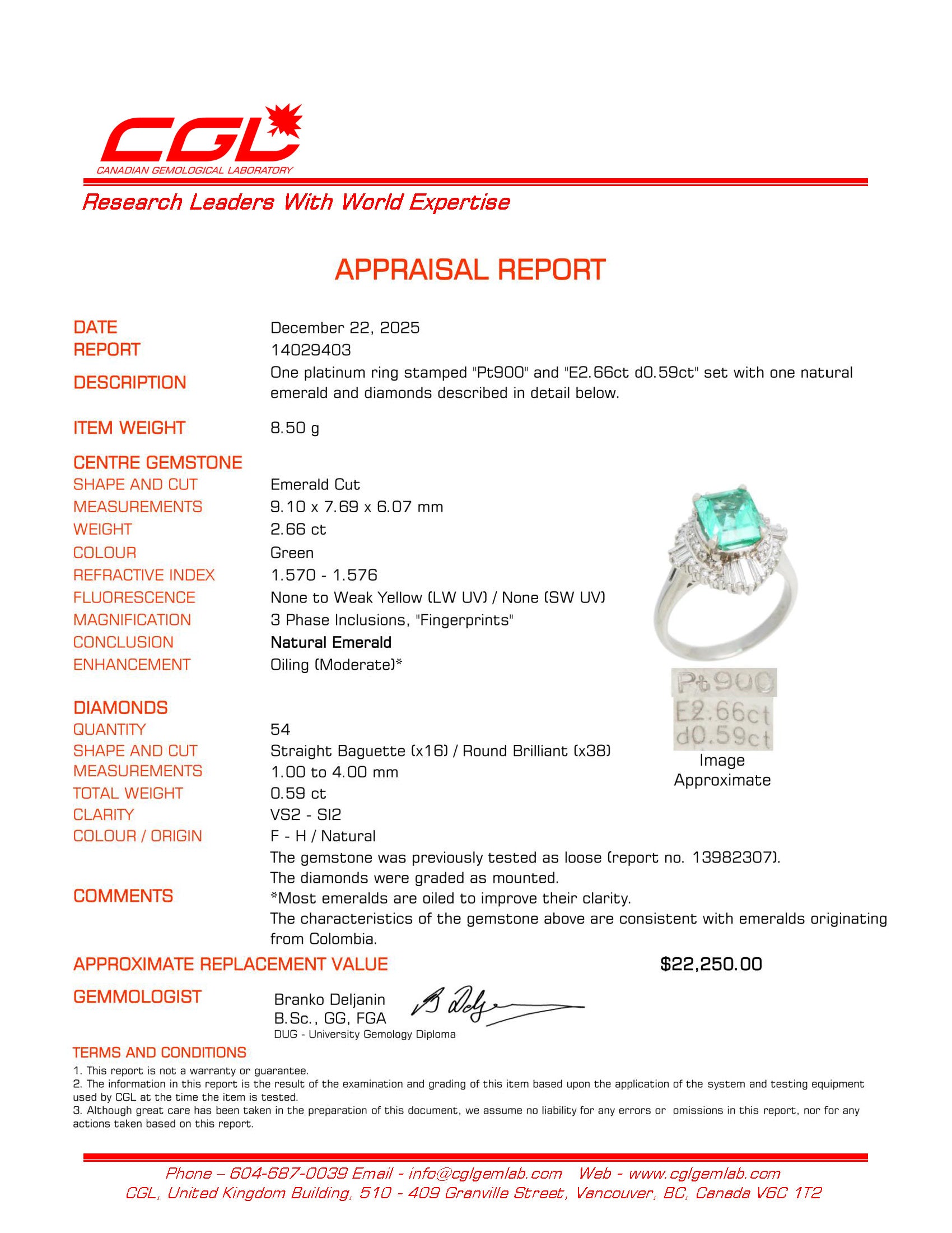Platinum Colombian Emerald & Diamond Ring | 2.66ct, 0.59ctw | Sz 7.25