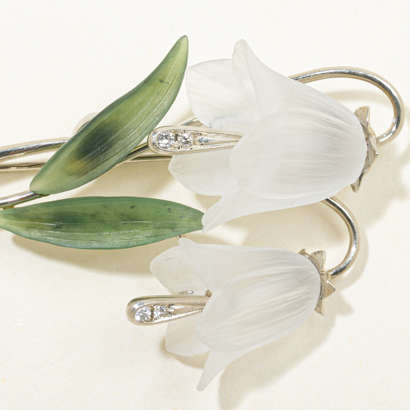 Late Art Deco Snowdrops Quartz, Nephrite Jade & Diamond Brooch | 0.07ctw