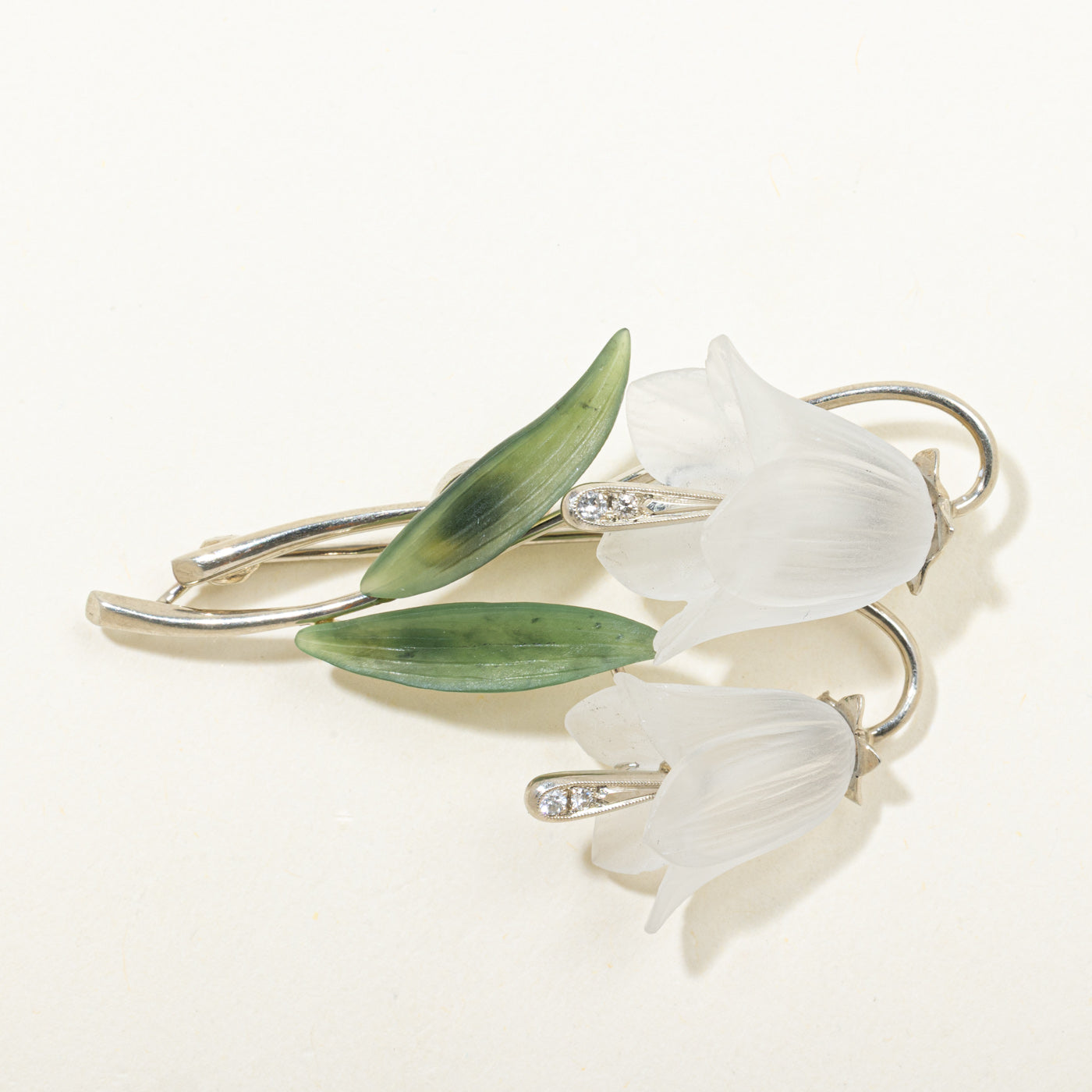 Late Art Deco Snowdrops Quartz, Nephrite Jade & Diamond Brooch | 0.07ctw