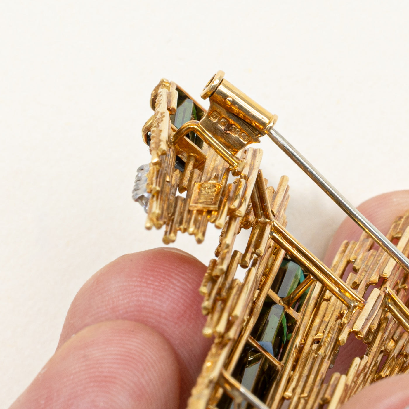 Vintage 'Andrew Grima' Green Tourmaline & Diamond Textured Brooch | 10.40ctw, 0.34ctw