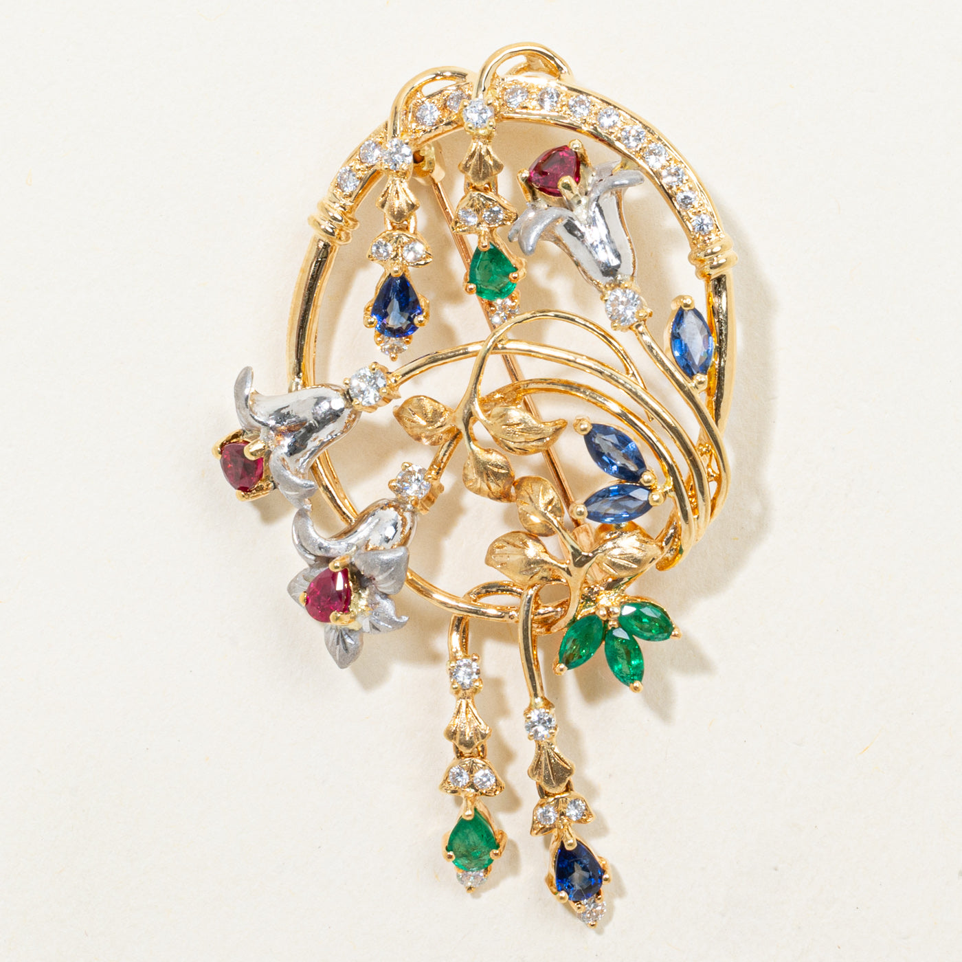 Floral Multi Gemstones & Diamonds Convertible Pendant & Brooch | 2.29ctw, 0.78ctw