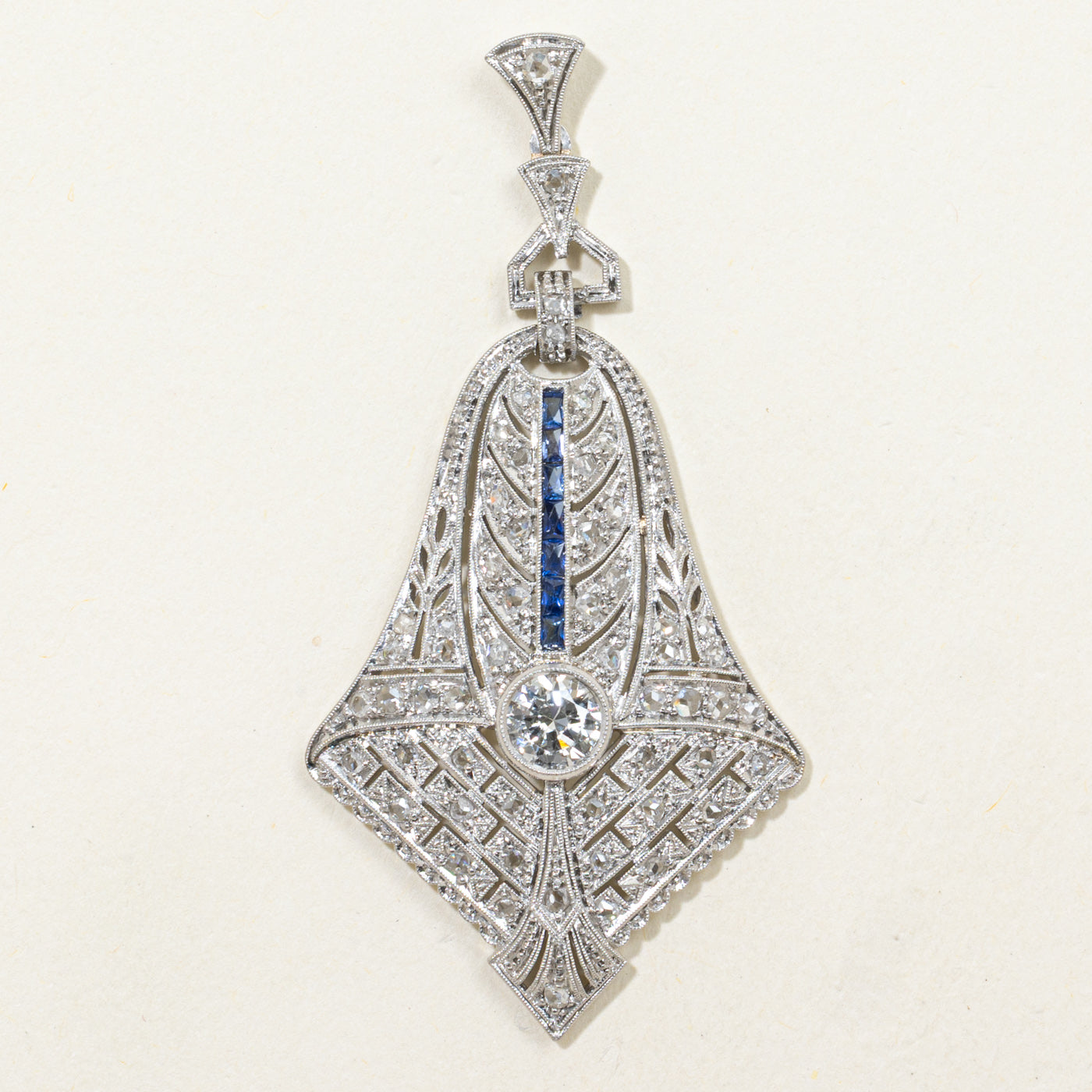 Late Art Deco Diamond & Sapphire Ornate Pendant | 0.72ctw, 0.18ctw