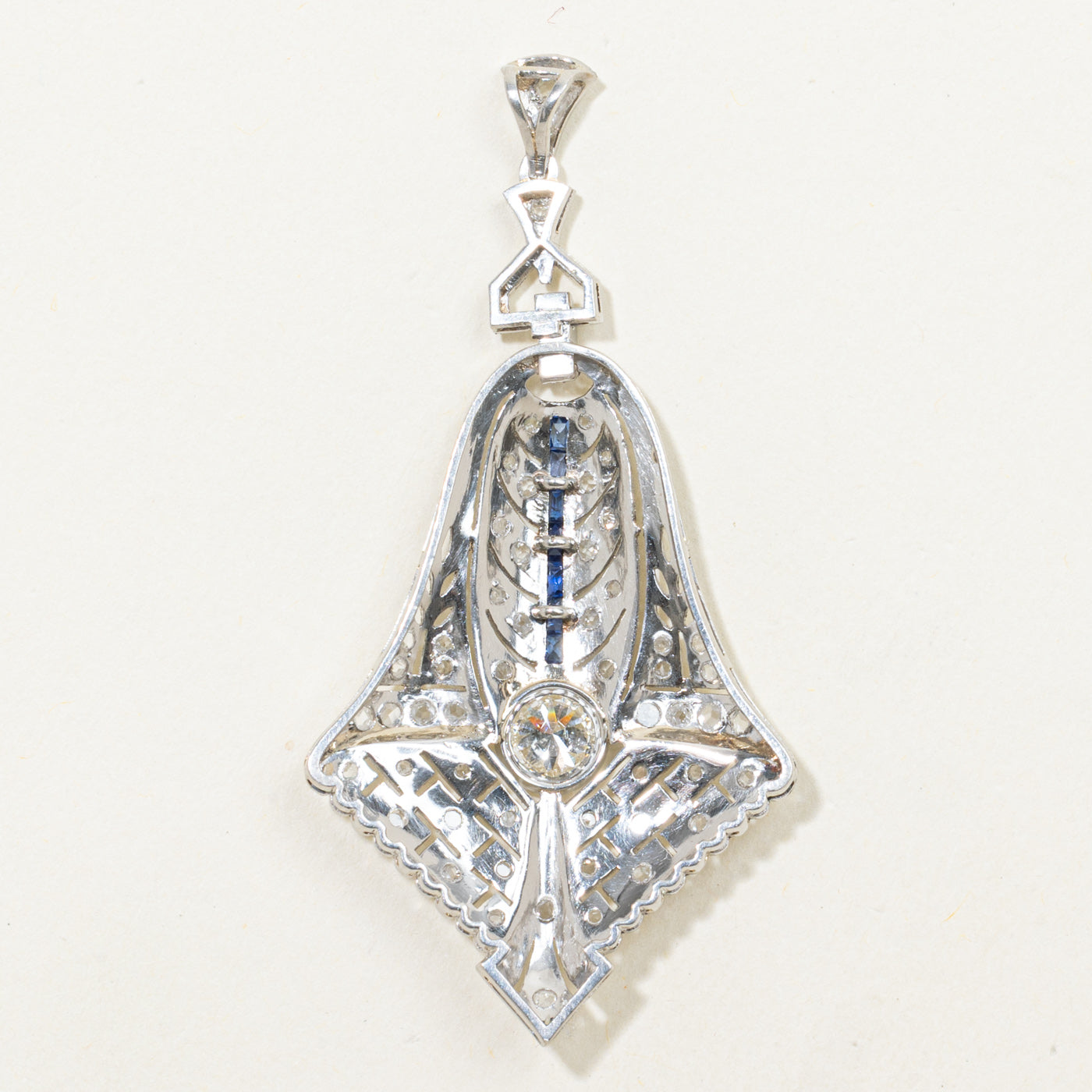 Late Art Deco Diamond & Sapphire Ornate Pendant | 0.72ctw, 0.18ctw