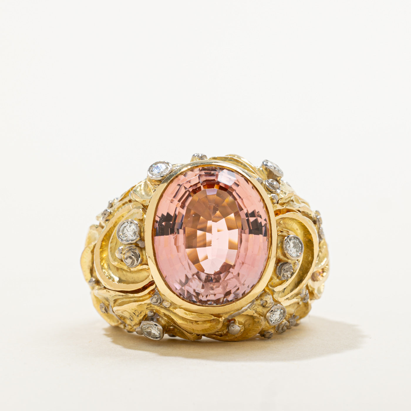 18k Pink Tourmaline & Diamond Art Nouveau Inspired Statement Ring | 9.00ct, 0.24ctw | SZ 6.25
