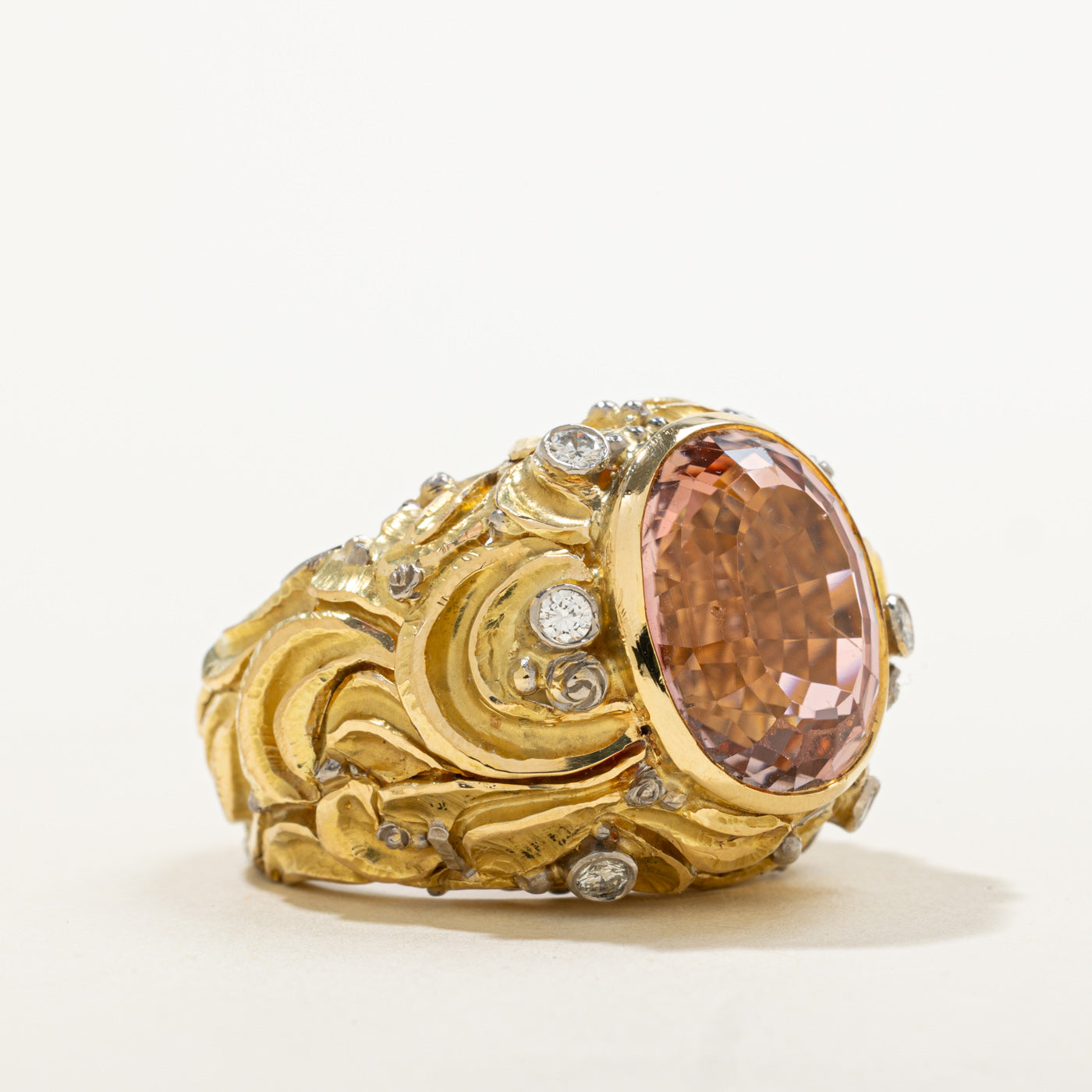 18k Pink Tourmaline & Diamond Art Nouveau Inspired Statement Ring | 9.00ct, 0.24ctw | SZ 6.25