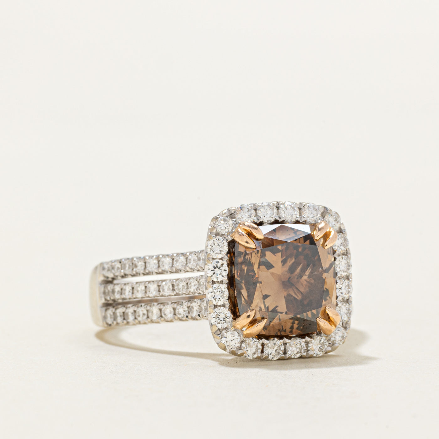 2.90ct Cushion Cut Natural Cognac Diamond Halo Ring | 2.90ct, 0.70ctw | Sz 8