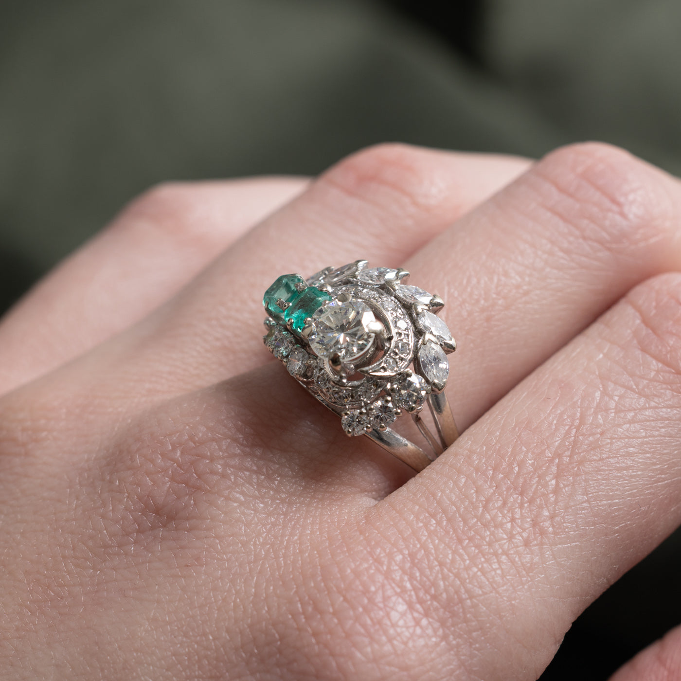 Diamond & Colombian Emerald Waterfall Cocktail Ring | 0.90ct, 2.00ctw, 0.58ctw | SZ 7.75