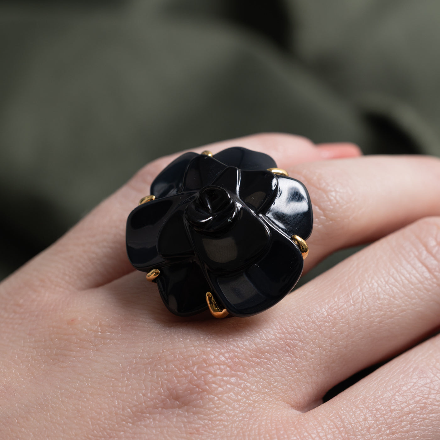 'Chanel' Camelia Onyx Ring | 65ct | Sz 5.25
