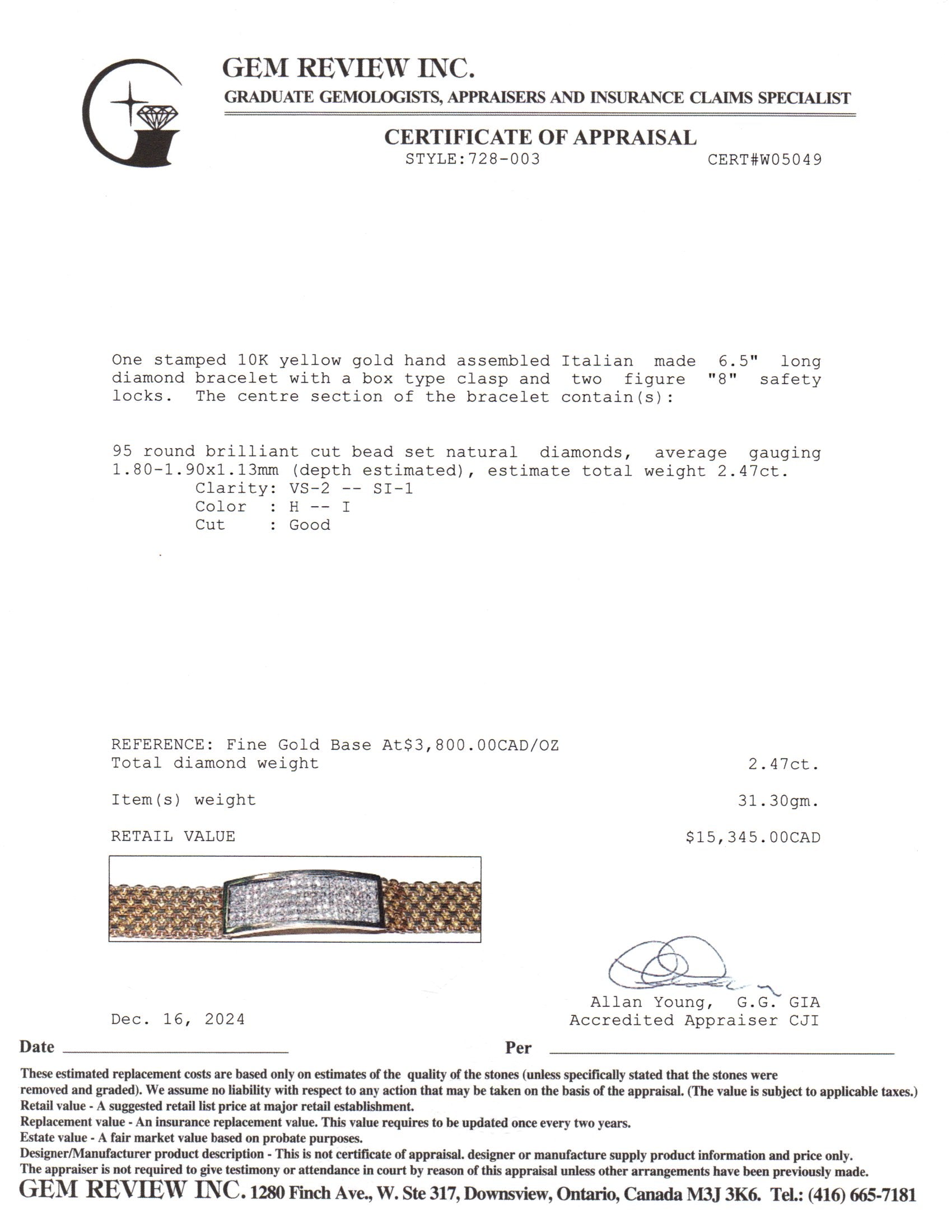 Italian 10K Yellow Gold Diamond Watch Strap Bracelet | 2.47ctw | SZ 6.5"