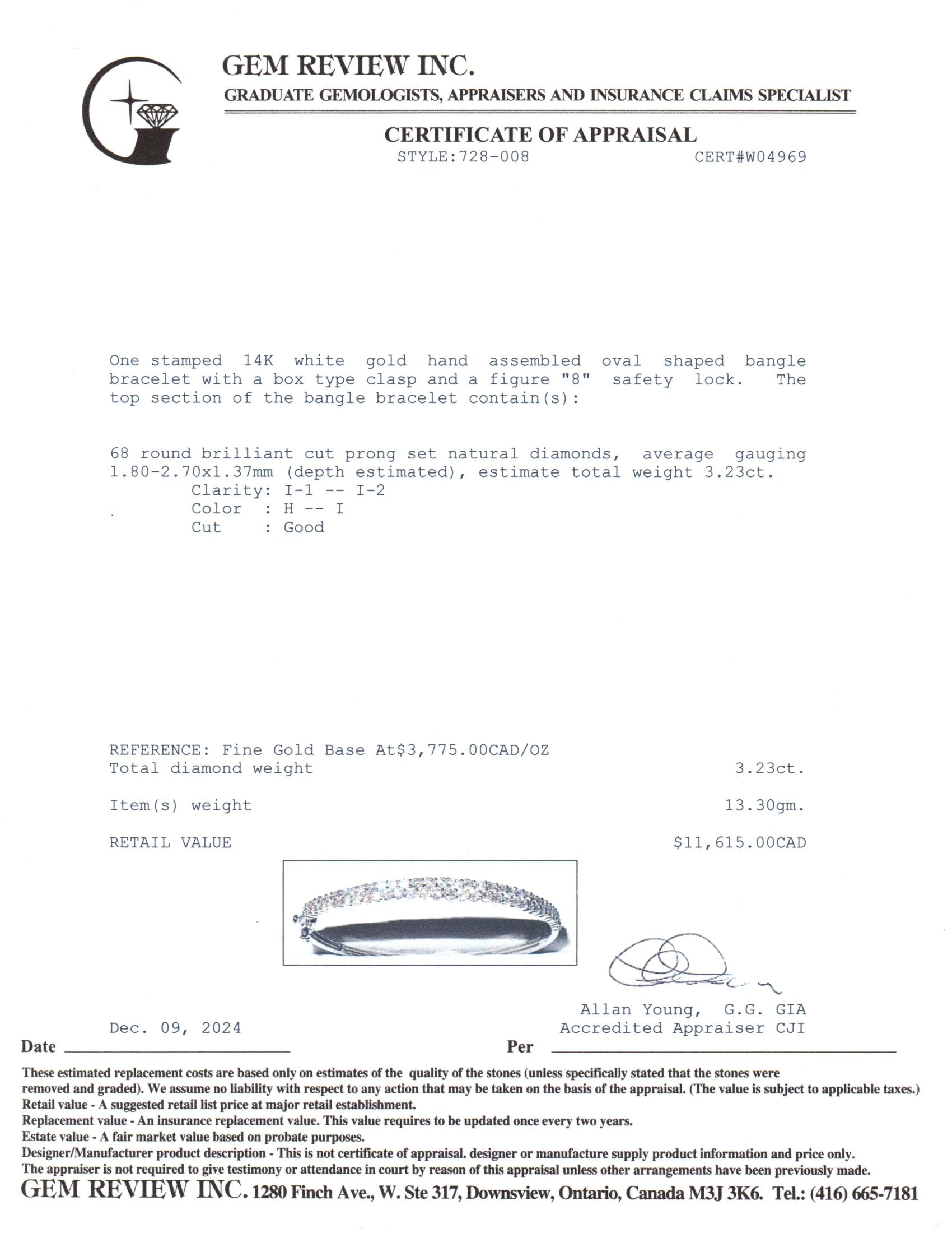 Bracelet jonc ovale en or blanc 14 carats serti de diamants | 3,23 ct au total | 19 cm 