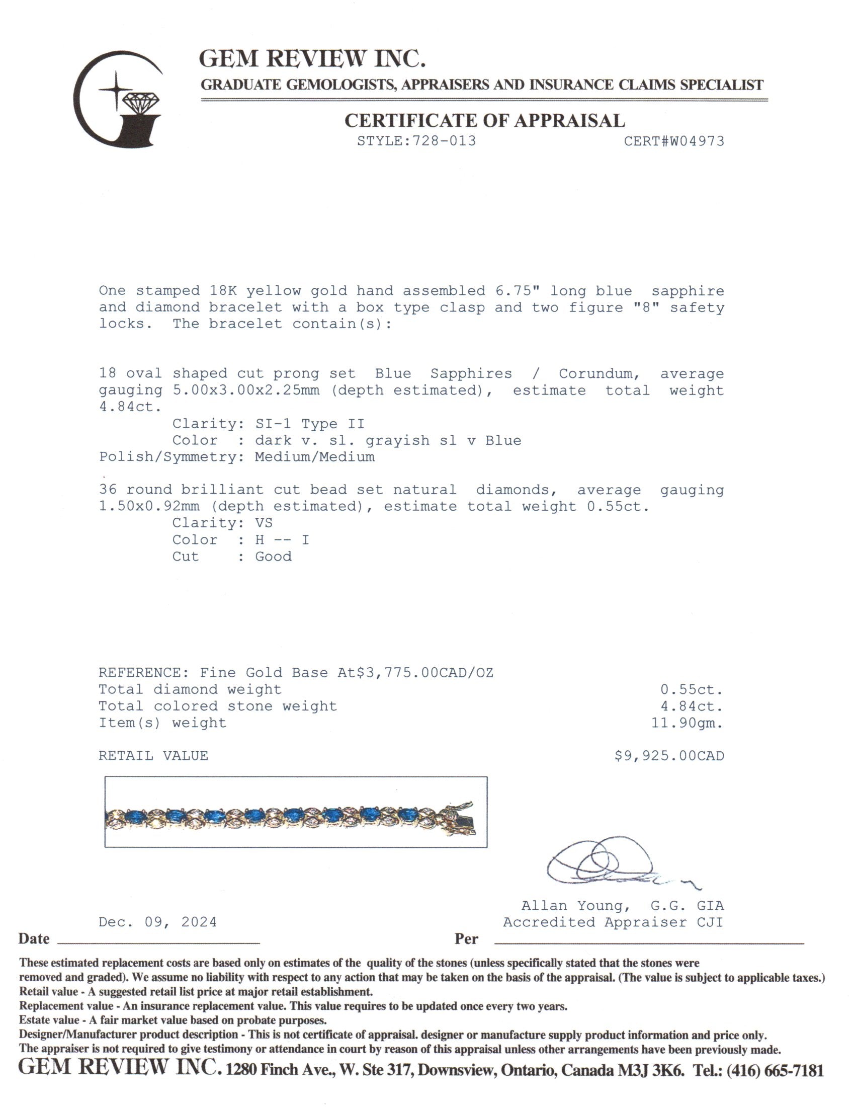 18K Yellow Gold Sapphire & Diamond Bracelet | 4.84ctw, 0.55ctw | 6.75" |