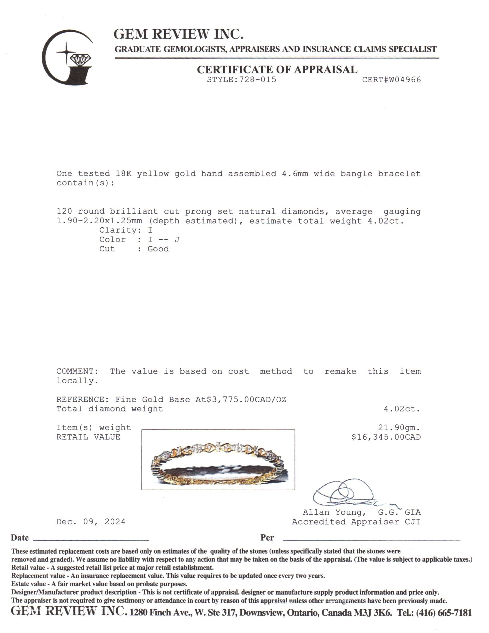 18K Yellow Gold Diamond Bangle | 4.02ctw | 8"