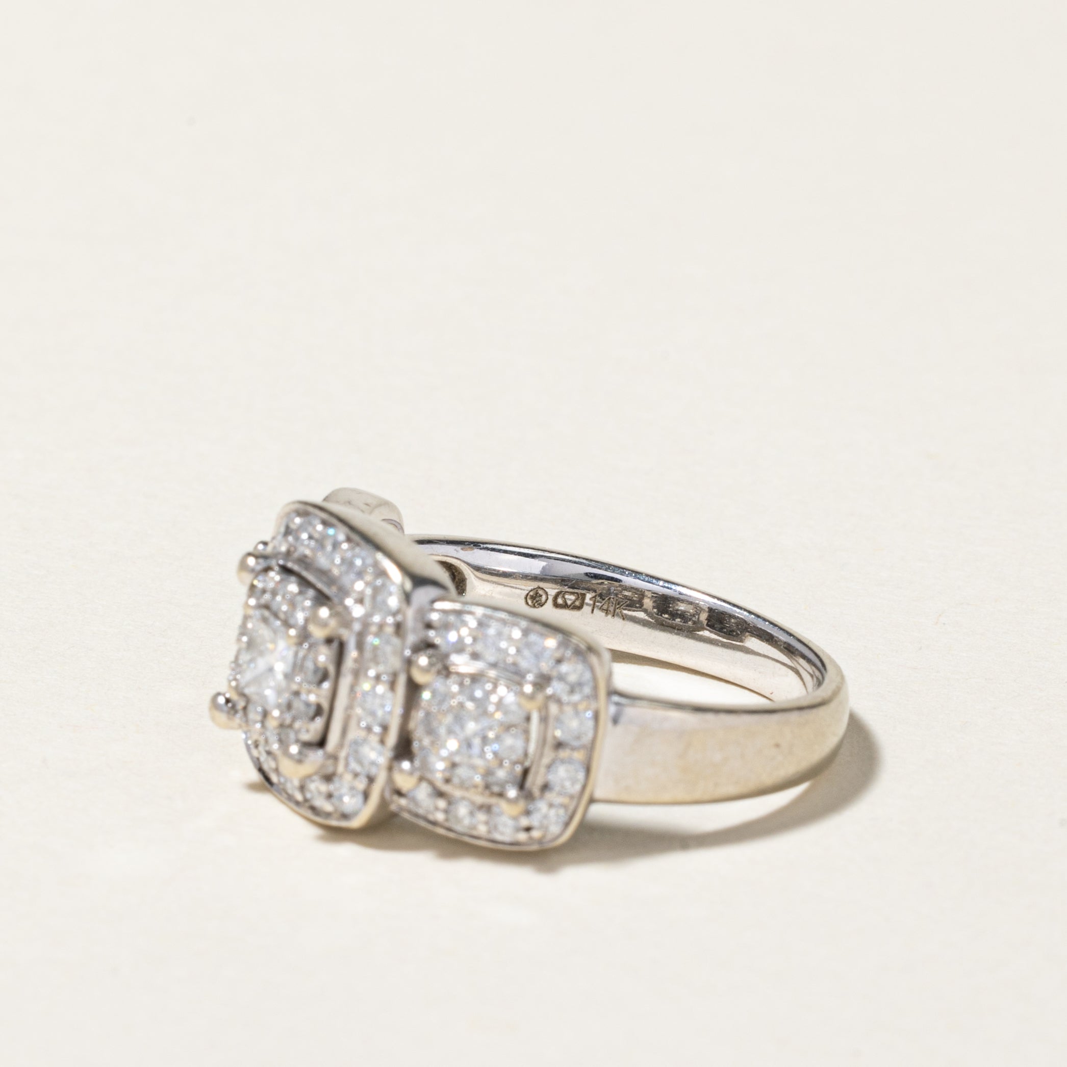 14K Three Stone Diamond Halo Ring | 1.00ctw | SZ 7