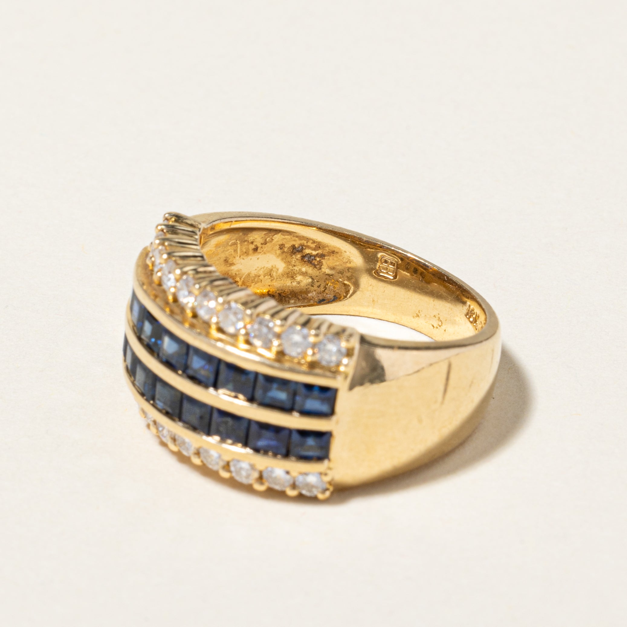 18K Yellow Gold Double Row Sapphire & Diamond Ring | 1.52ctw, 0.60ctw | SZ 6.25